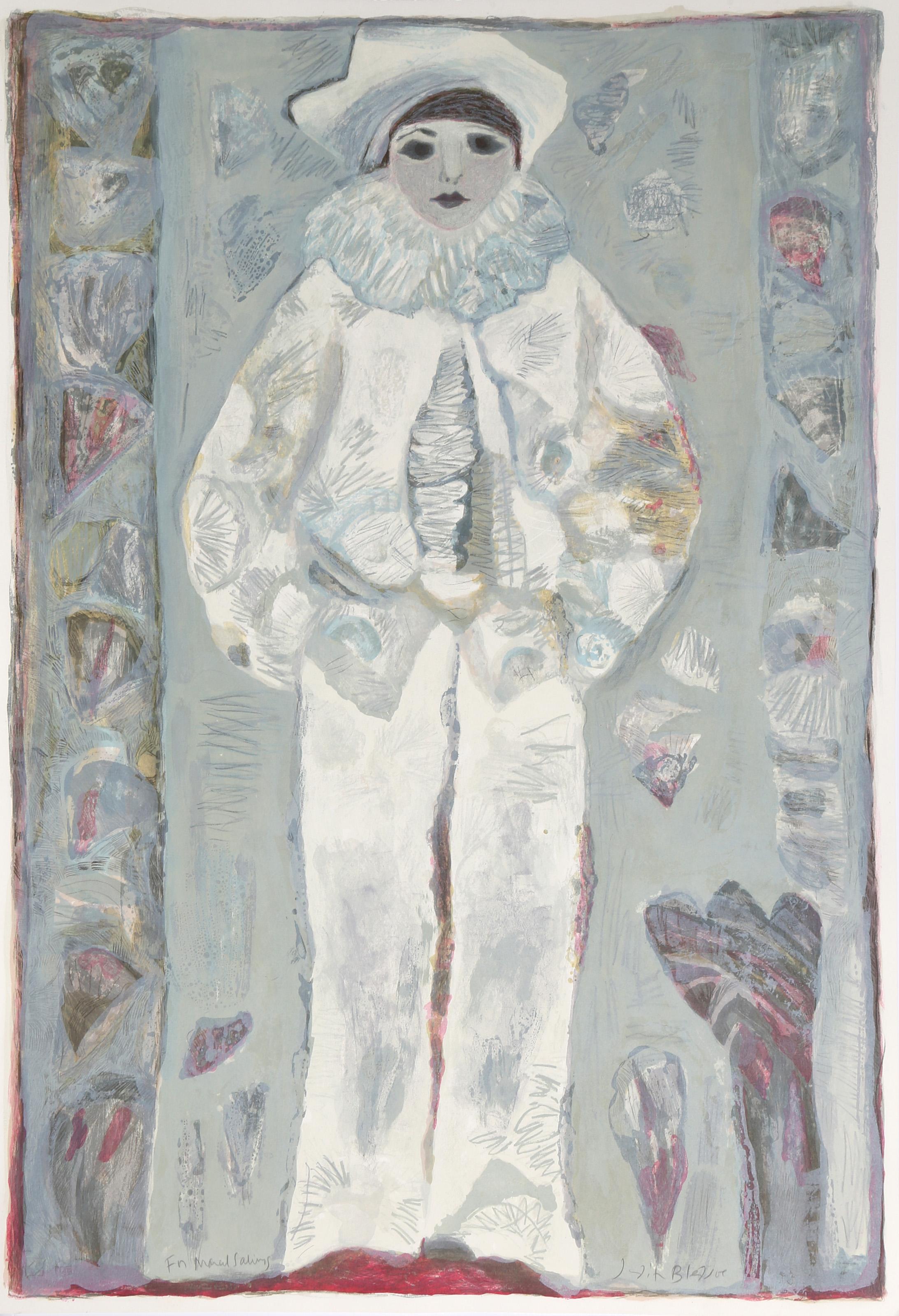 Judith Bledsoe, American (1938 - 2013) -  Clown I. Year: circa 1975, Medium: Lithograph, signed and dedicated in pencil, Size: 35 x 24 in. (88.9 x 60.96 cm), Description: Standing with his hands tucked into his pockets, the clown wearing a white