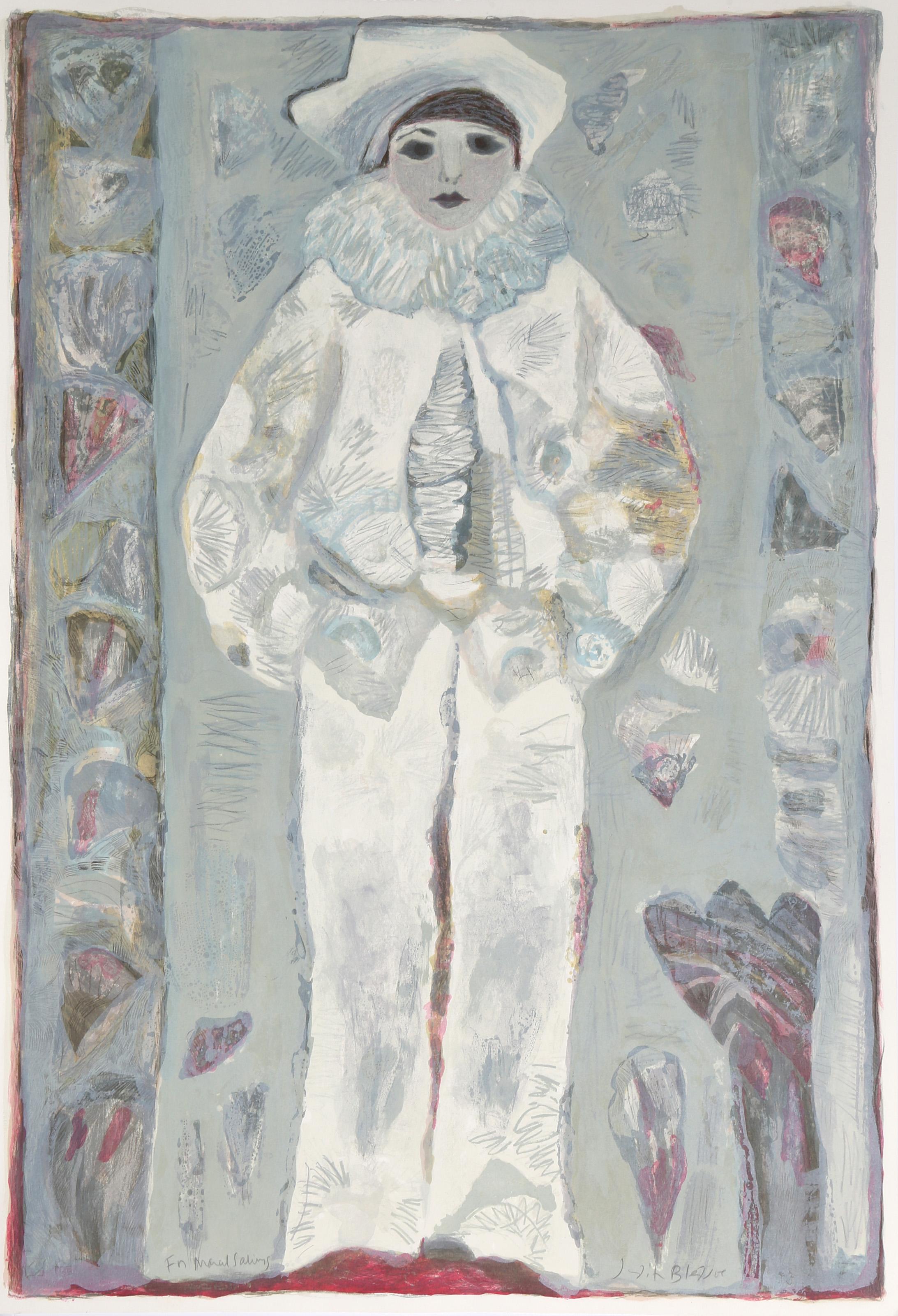 Judith Bledsoe, estadounidense (1938 - 2013) -  Payaso I. Año: hacia 1975, Medio: Litografía, firmada y dedicada a lápiz, Tamaño: 35 x 24 pulgadas (88,9 x 60,96 cm), Descripción: De pie, con las manos metidas en los bolsillos, el payaso de traje