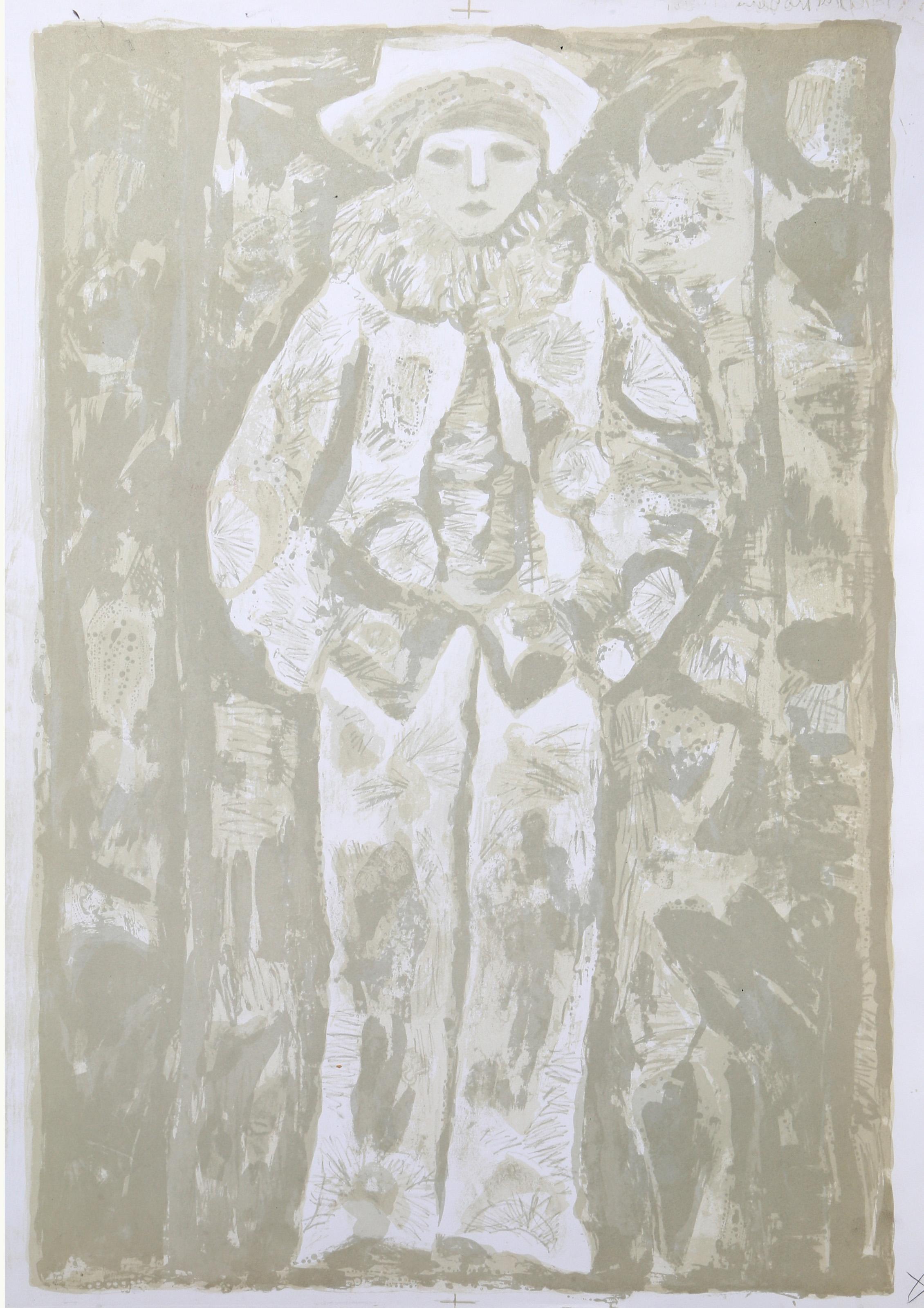 Judith Bledsoe, American (1938 - 2013) -  Clown II. Medium: Screenprint, Edition: AP, Size: 36 x 26 in. (91.44 x 66.04 cm), Description: Standing with his hands tucked into his pockets, the clown wearing a white costume with red hair stands against