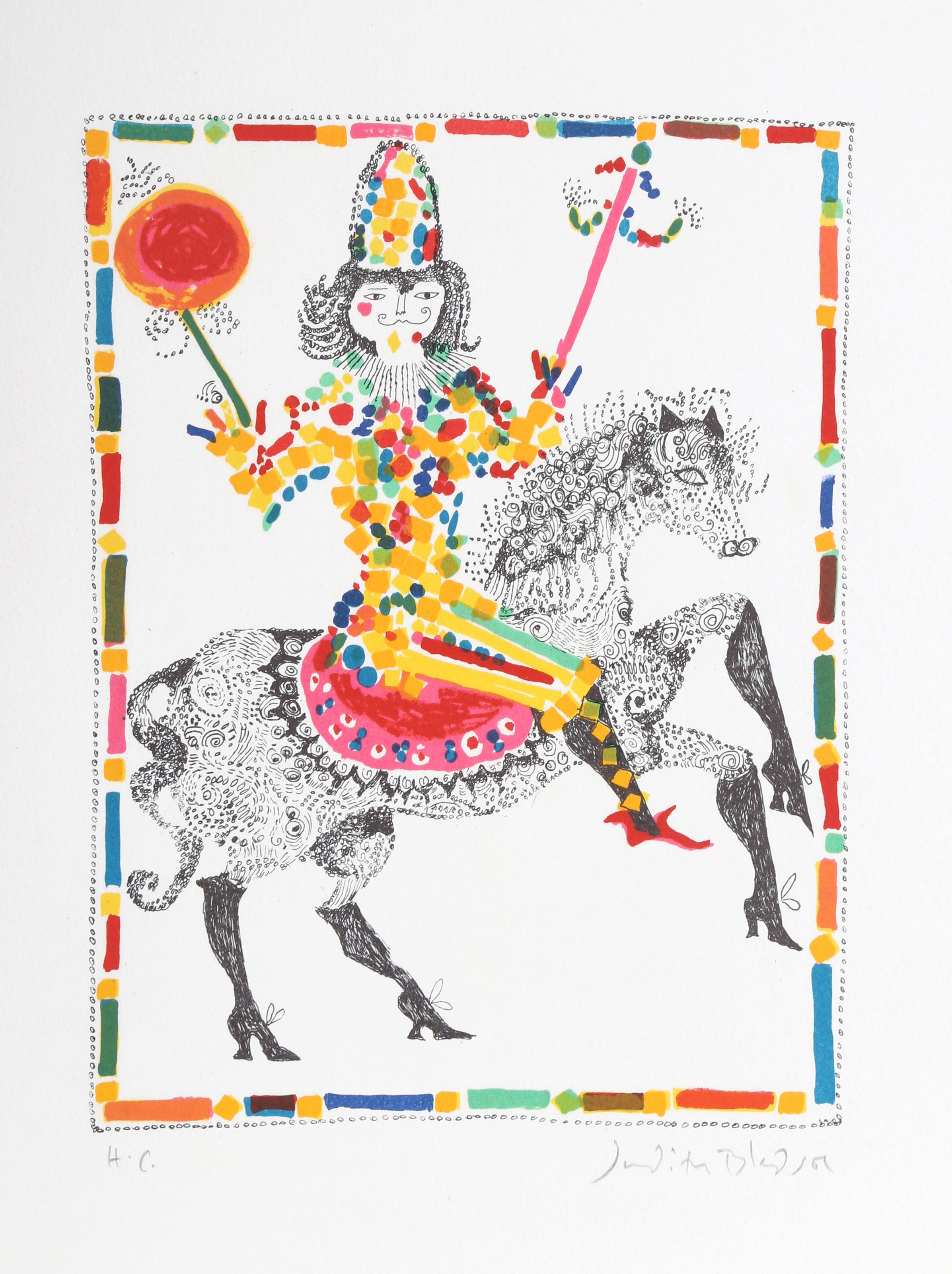 Judith Bledsoe, American (1938 - 2013) -  Clown on Horse from A Little Circus. Year: 1974, Medium: Lithograph, signed in pencil, Edition: HC, Size: 15  x 10.5 in. (38.1  x 26.67 cm), Description: Judith Bledsoe's rendering of a clown riding a horse