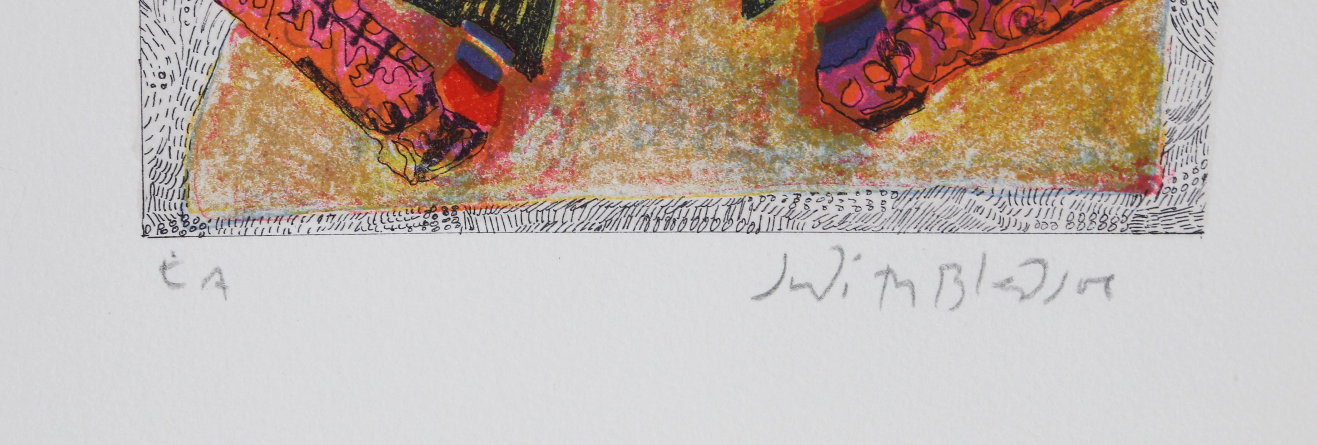 Clown mit Trompete aus einem kleinen Zirkus, Lithographie von Judith Bledsoe im Angebot 1