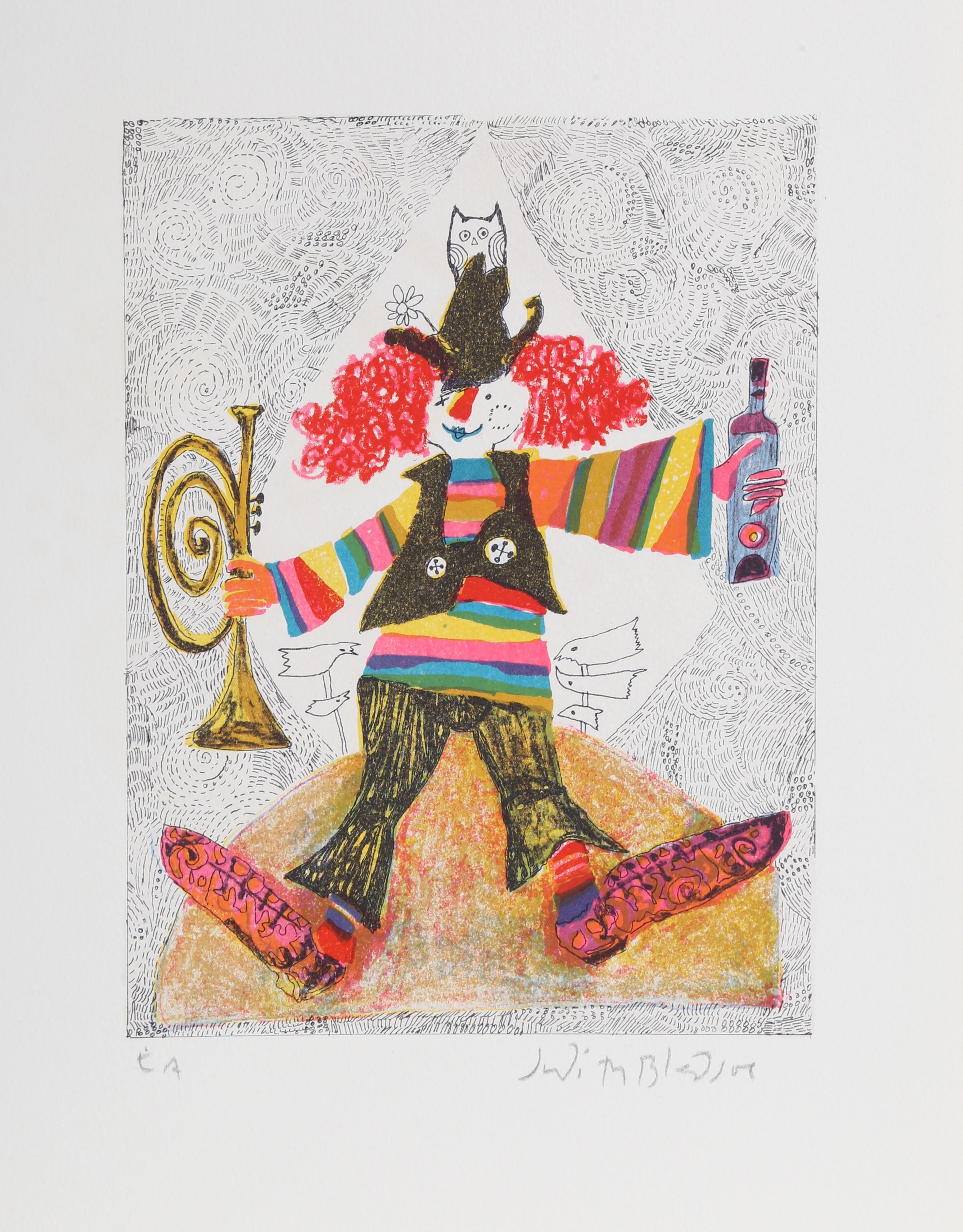 Judith Bledsoe, Amerikanerin (1938 - 2013) -  Clown mit Trompete aus A Little Circus. Jahr: 1974, Medium: Lithographie, mit Bleistift signiert, Auflage: HC, Größe: 15  x 10.5 in. (38.1  x 26,67 cm), Beschreibung: Mit einer Trompete in der einen und