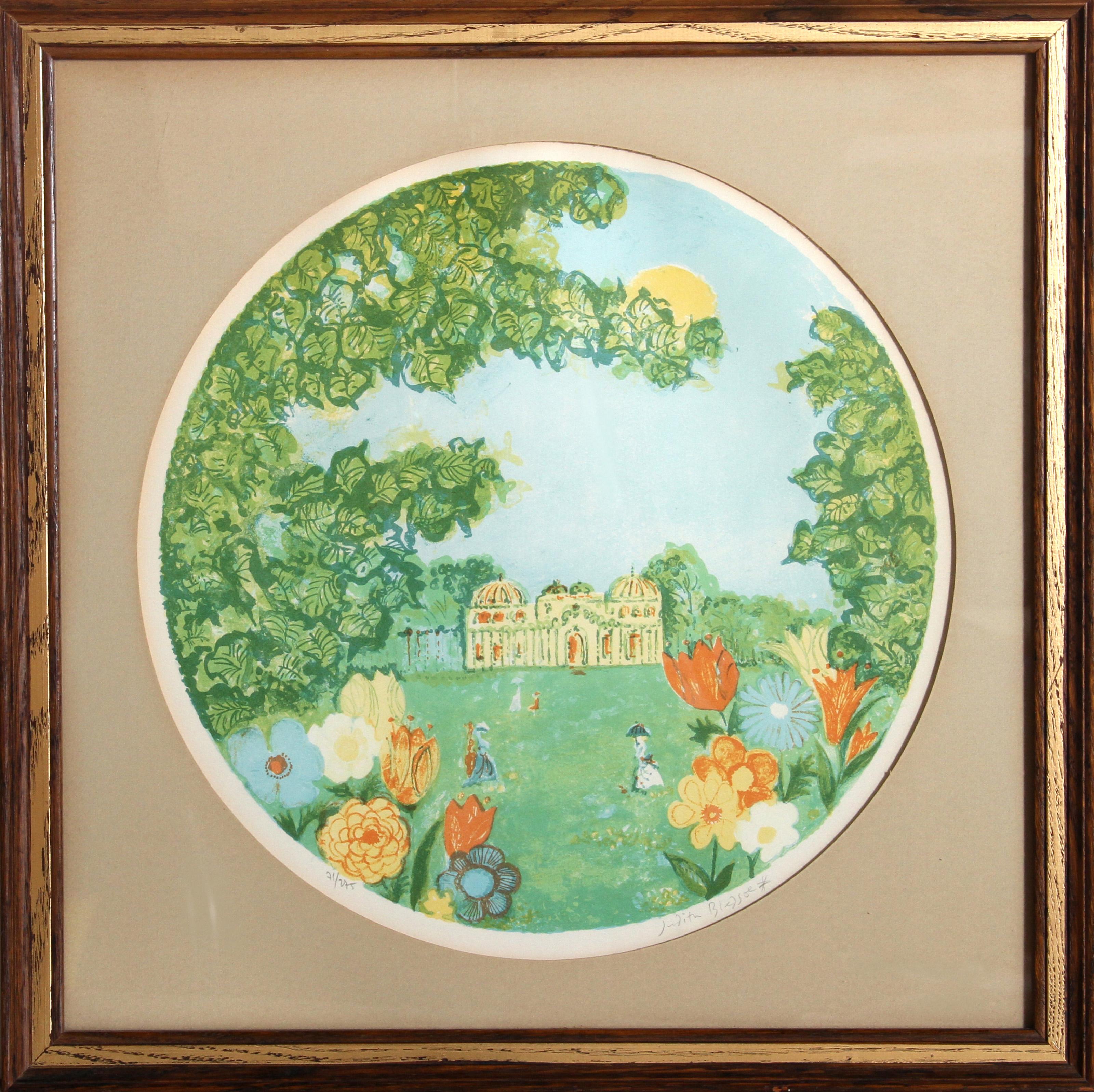 Judith Bledsoe, Américaine (1938 - 2013) -  Château français. Année : circa 1975, Médium : Lithographie, signée et numérotée au crayon, Edition : 71/275, Taille de l'image : 14.5 Diamètres, Taille du cadre : 21 x 21 pouces, Description : Serpentant