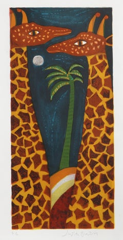 Giraffes, Folk Art Lithograph and Blind Embossing by Judith Bledsoe