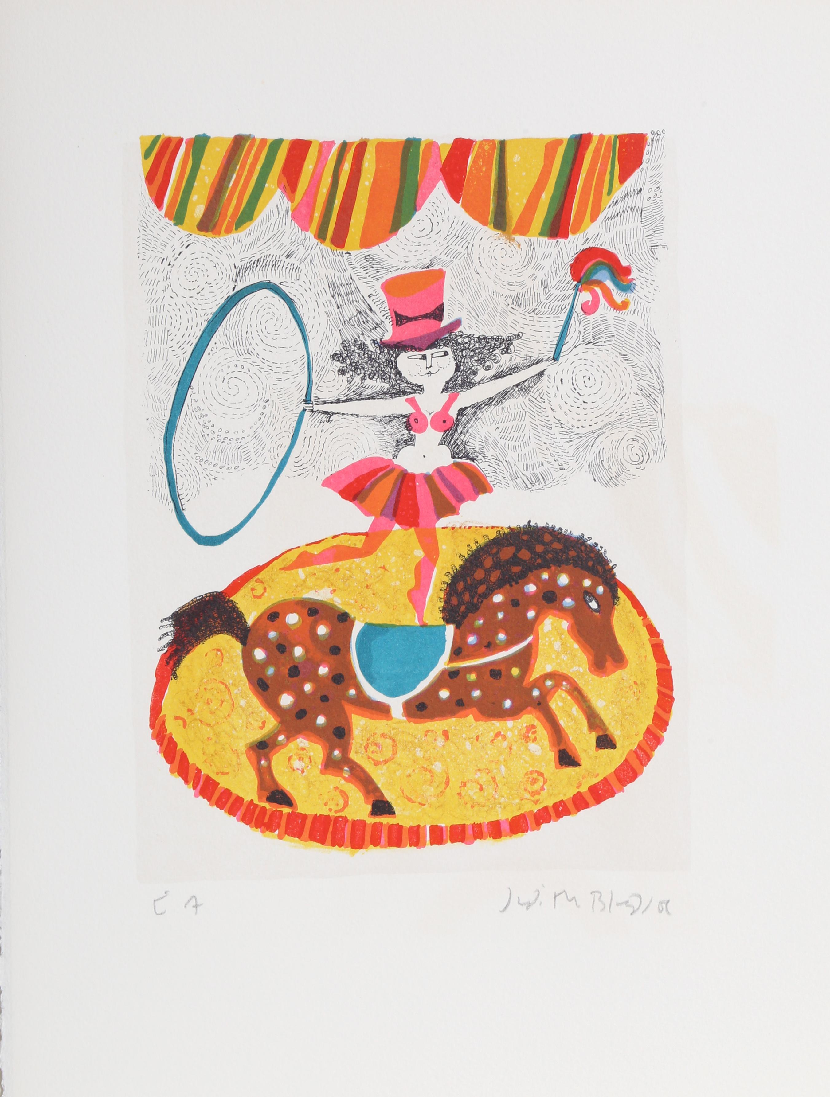 Judith Bledsoe, American (1938 - 2013) -  Horse Acrobat from A Little Circus. Year: 1974, Medium: Lithograph, signed in pencil, Edition: HC, Size: 15  x 10.5 in. (38.1  x 26.67 cm), Description: Balancing on the saddle of a horse, the acrobat shown