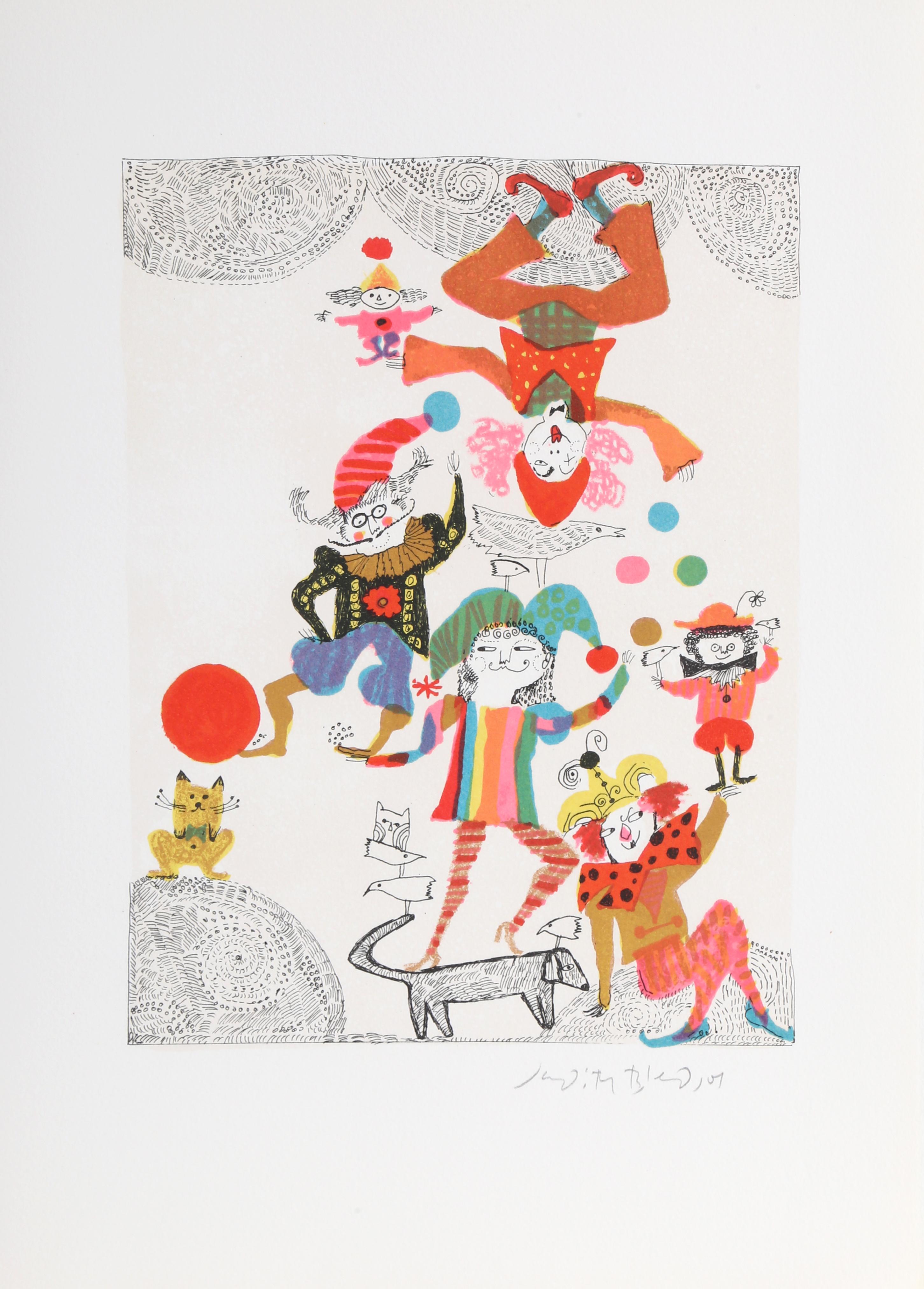 Judith Bledsoe, American (1938 - 2013) -  Juggling Clowns from A Little Circus. Year: 1974, Medium: Lithograph, signed in pencil, Edition: HC, Size: 15  x 10.5 in. (38.1  x 26.67 cm), Description: In this bustling print, Judith Bledsoe renders a