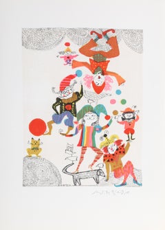 Des clowns qui jouent dans un petit cirque, lithographie de Judith Bledsoe