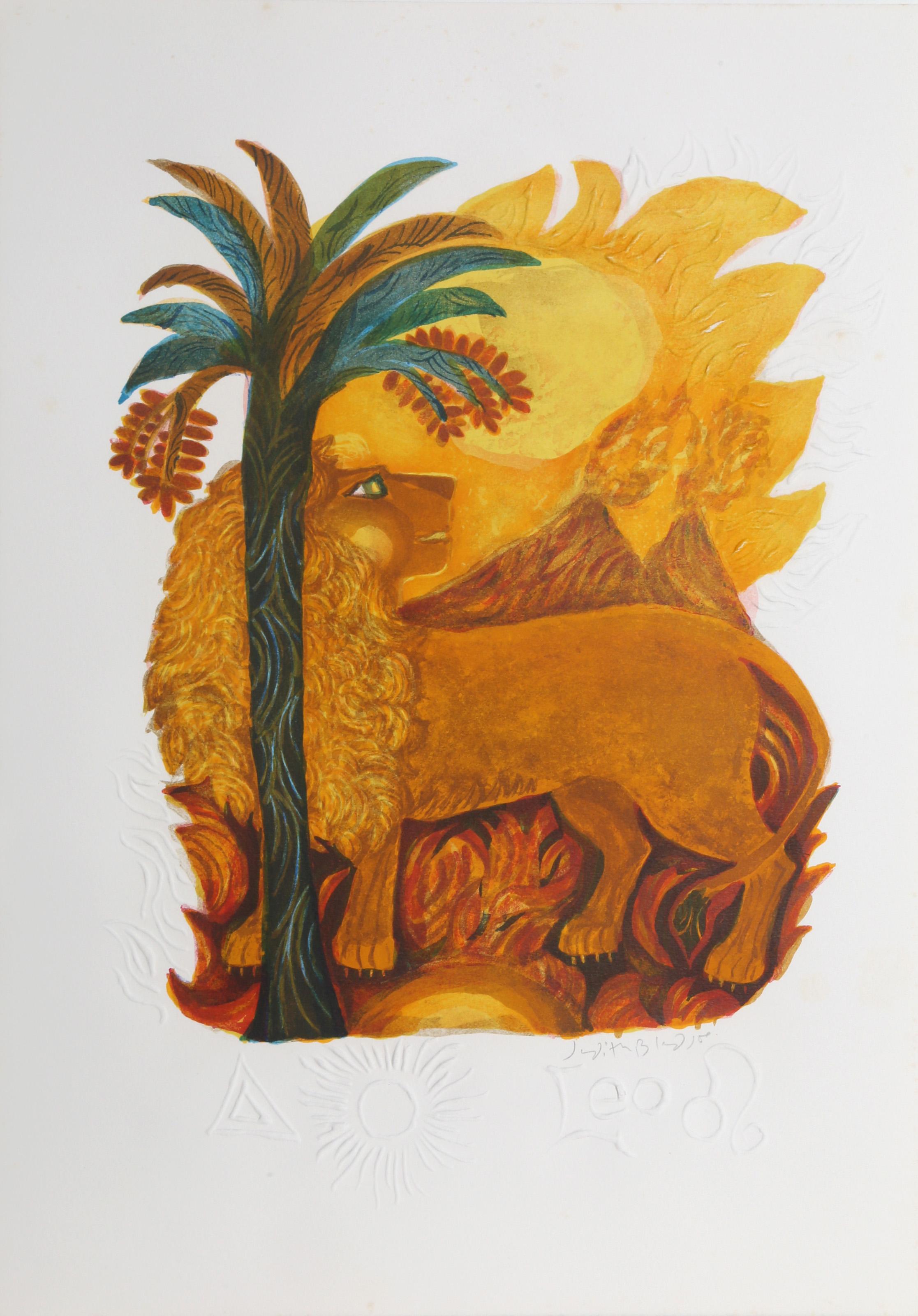 Judith Bledsoe, American (1938 - 2013) -  Leo from the Zodiac of Dreams Series. Year: circa 1970, Medium: Lithograph with Embossing, signed in pencil, Edition: EA, Size: 21 x 14.5 in. (53.34 x 36.83 cm), Description: Partially obscured by a palm