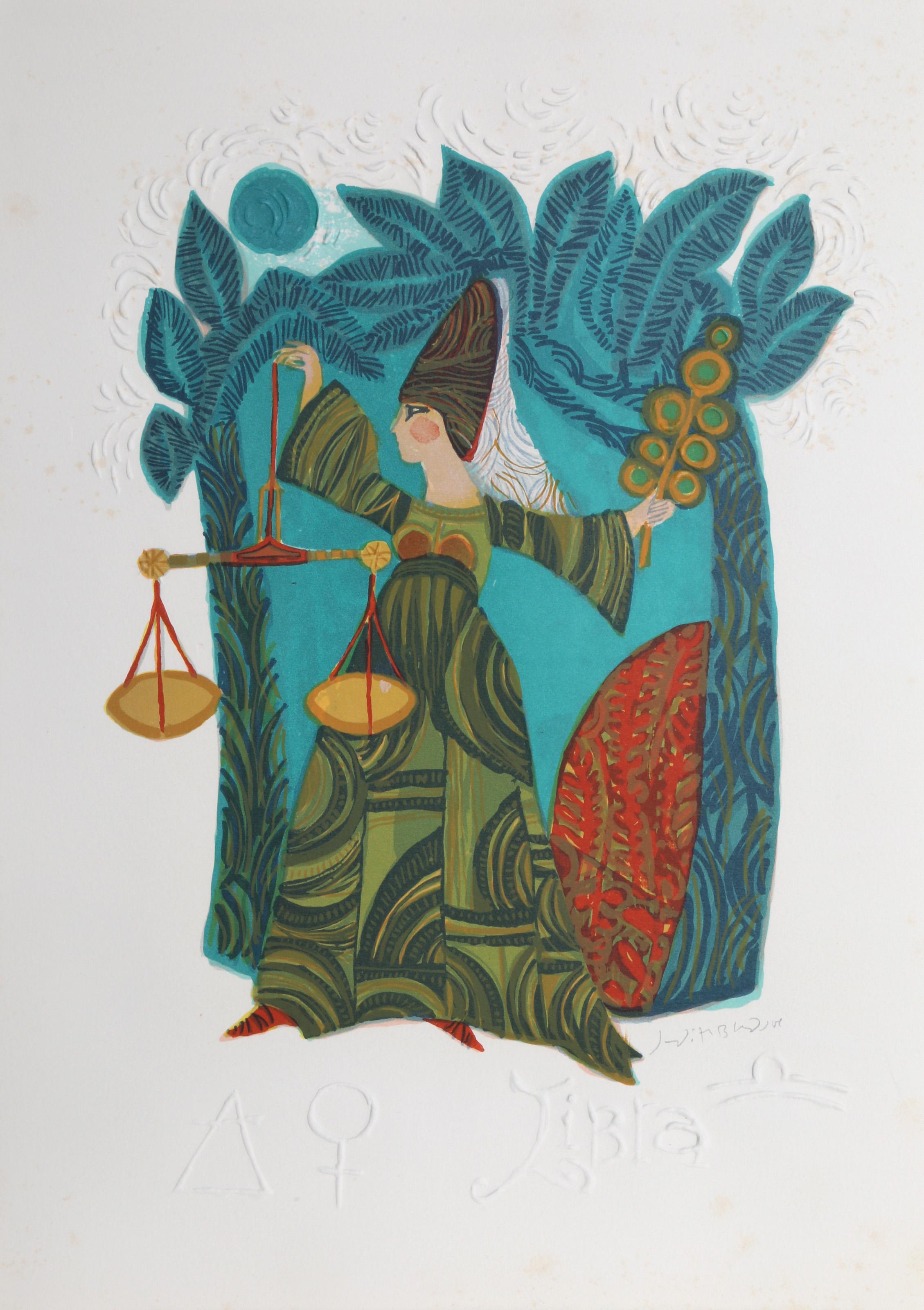 Judith Bledsoe, American (1938 - 2013) -  Libra from the Zodiac of Dreams Series. Year: circa 1970, Medium: Lithograph with Embossing, signed in pencil, Edition: EA, Size: 21 x 14.5 in. (53.34 x 36.83 cm), Description: Wearing a floor-length gown of