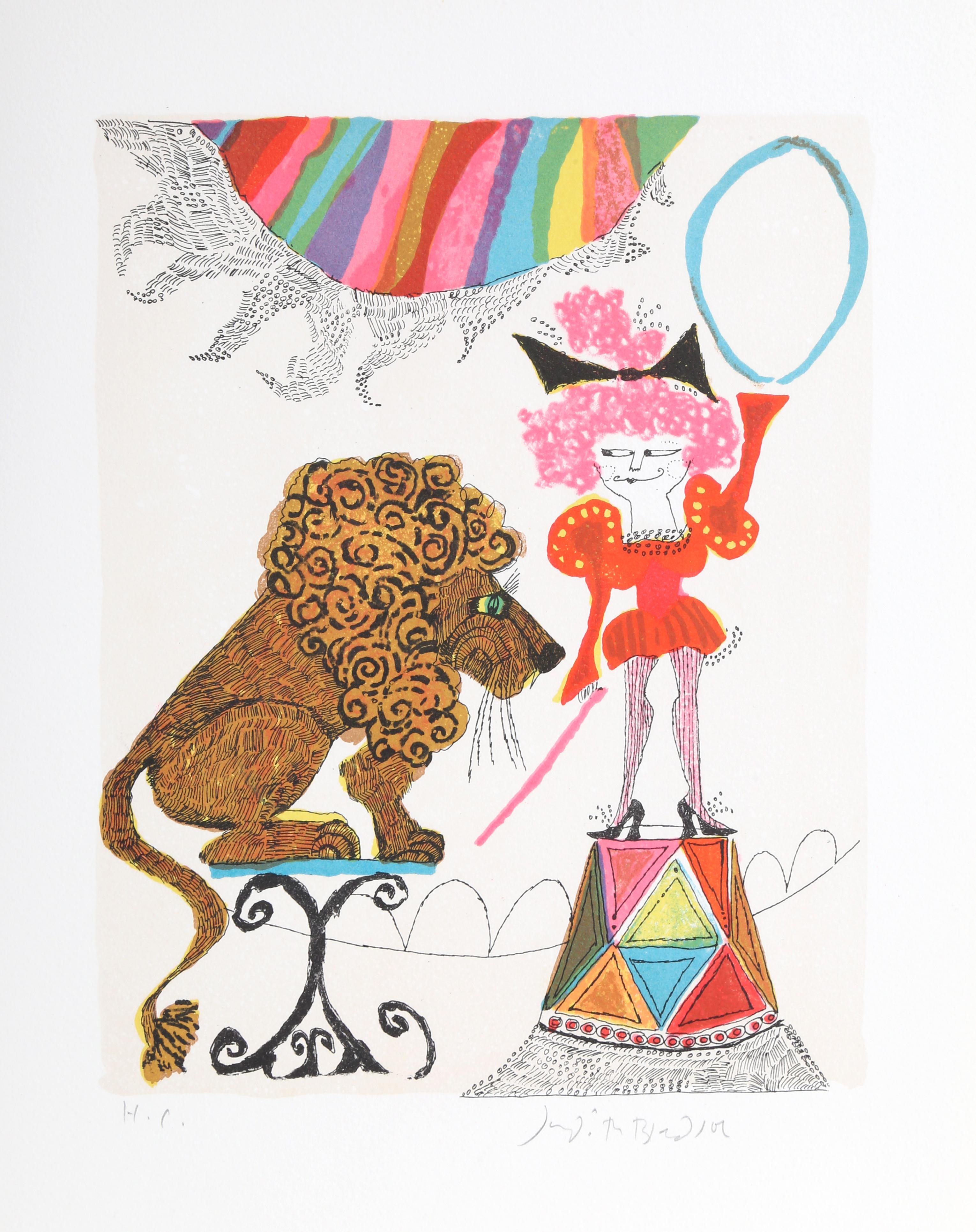 Judith Bledsoe, American (1938 - 2013) -  Lion Tamer from A Little Circus. Year: 1974, Medium: Lithograph, signed in pencil, Edition: HC, Size: 15  x 10.5 in. (38.1  x 26.67 cm), Description: Sitting on a small stool, the lion in this Judith Bledsoe