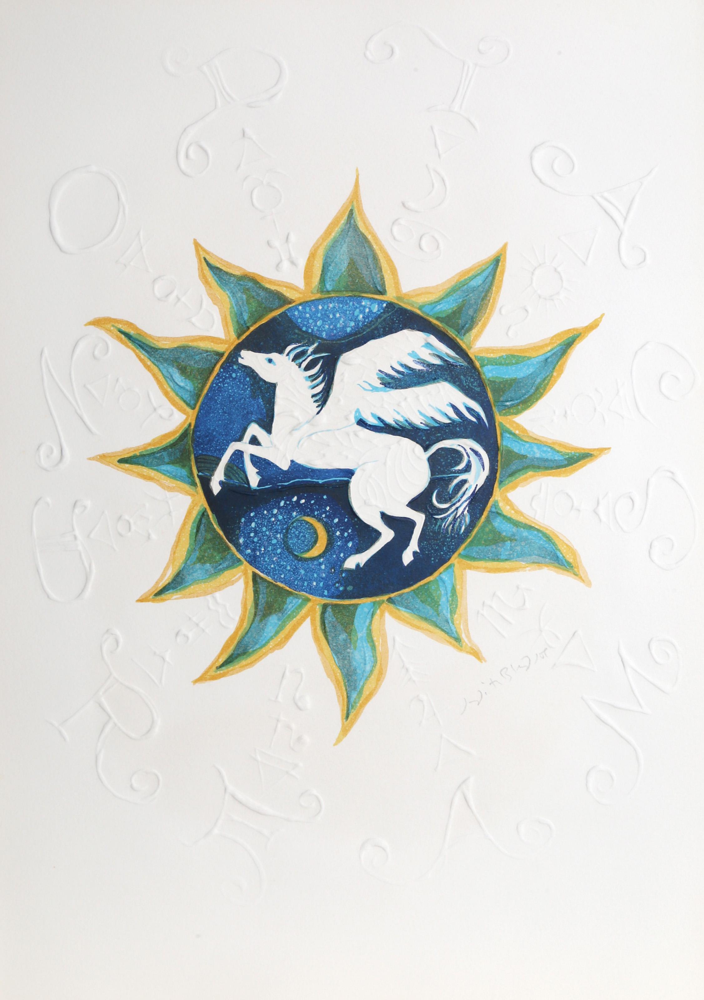Pegasus Astrological Chart from the Zodiac of Dreams Series, Lithograph - Print by Judith Bledsoe