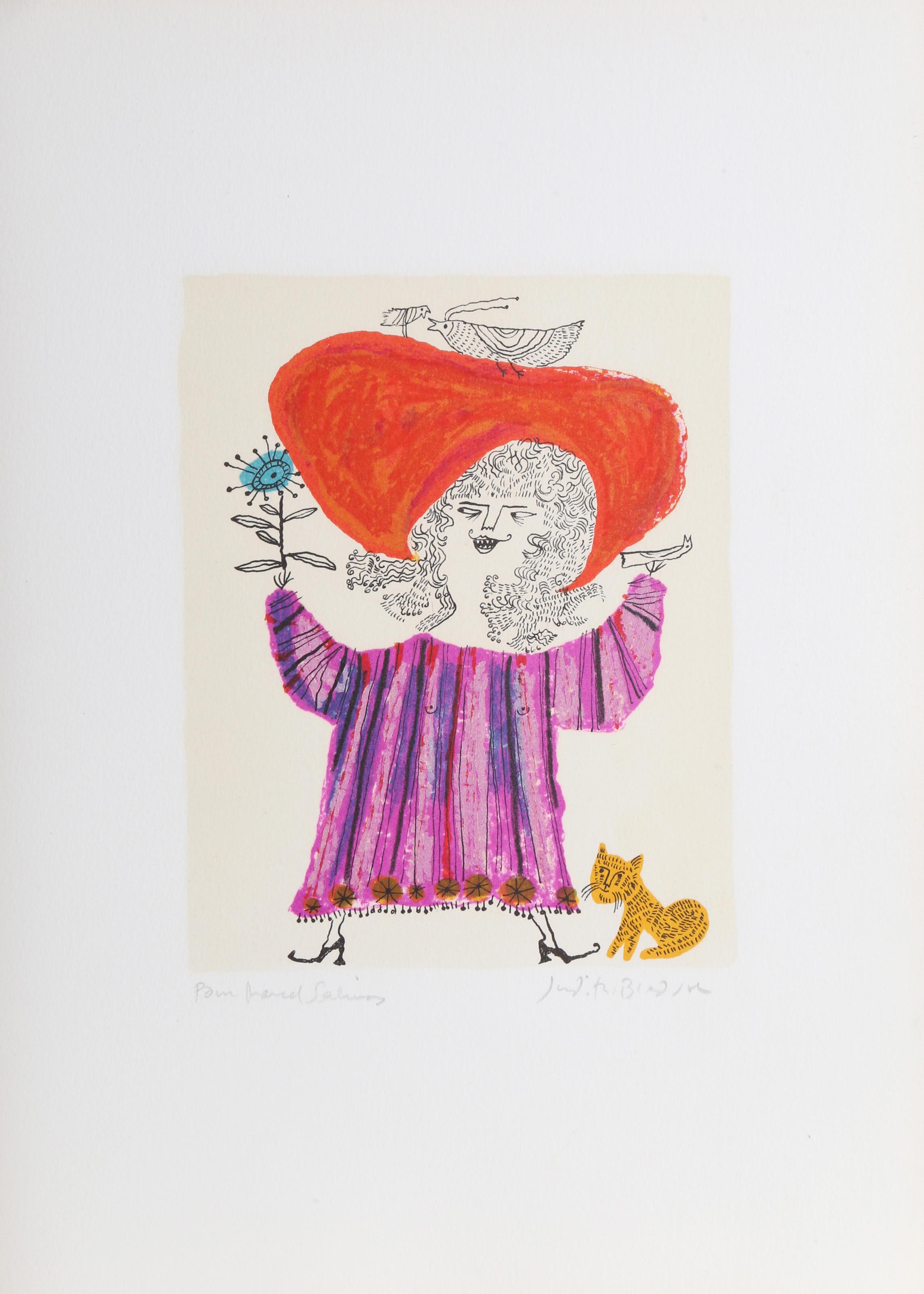 Judith Bledsoe, American (1938 - 2013) -  Petite Portrait - Big Red Hat. Year: circa 1974, Medium: Lithograph, signed and dedicated to Laurent Marcel Salinas in pencil, Edition: EA, Image Size: 7.5 x 6 inches, Size: 15  x 12 in. (38.1  x 30.48 cm),