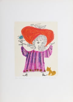 Vintage Petite Portrait - Big Red Hat, Lithograph by Judith Bledsoe