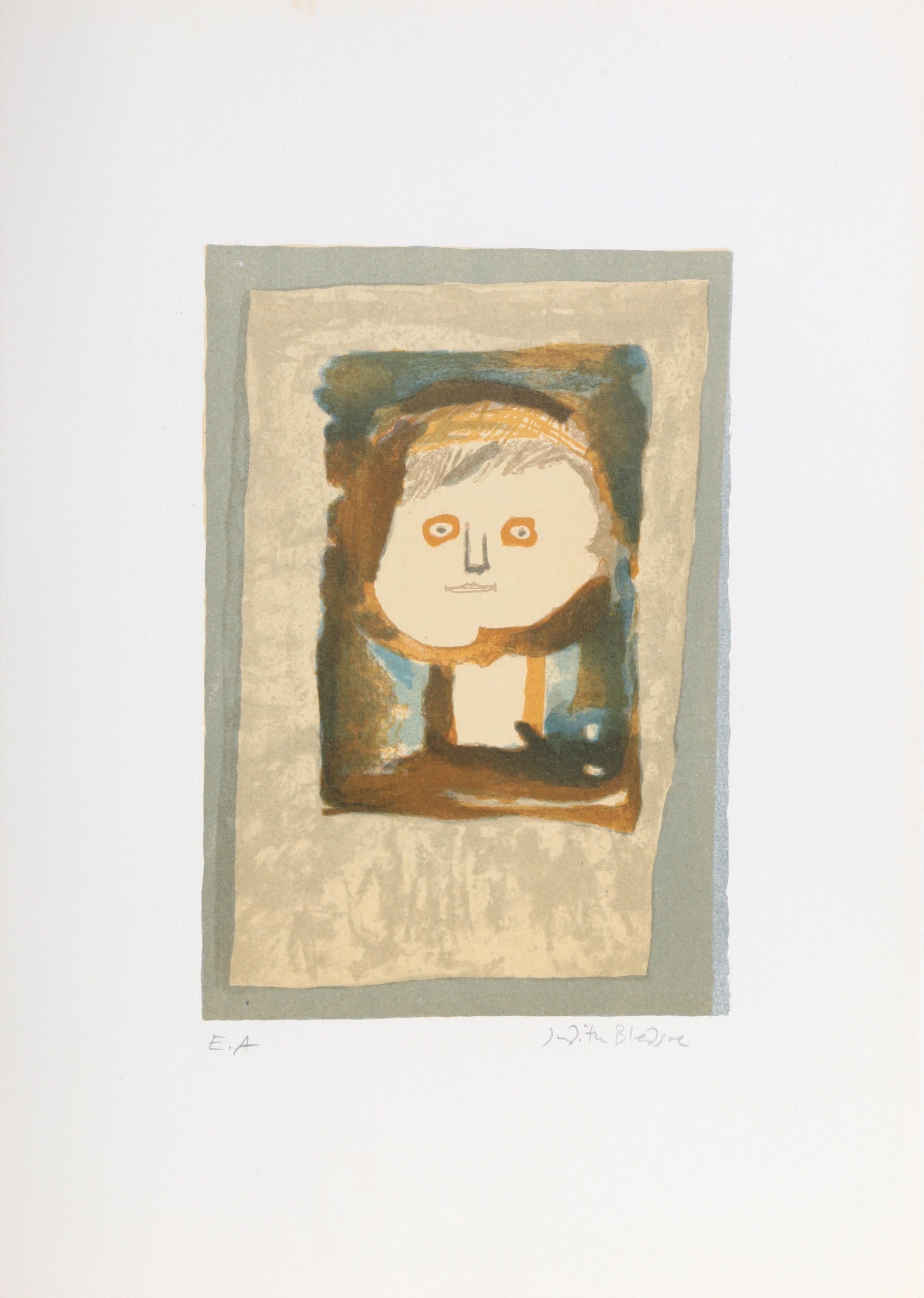 Judith Bledsoe, American (1938 - 2013) -  Petite Portrait - Boy. Year: circa 1974, Medium: Lithograph, signed in pencil, Edition: EA, Image Size: 8 x 6 inches, Size: 15  x 10.5 in. (38.1  x 26.67 cm), Description: In this simple portrait of a boy,