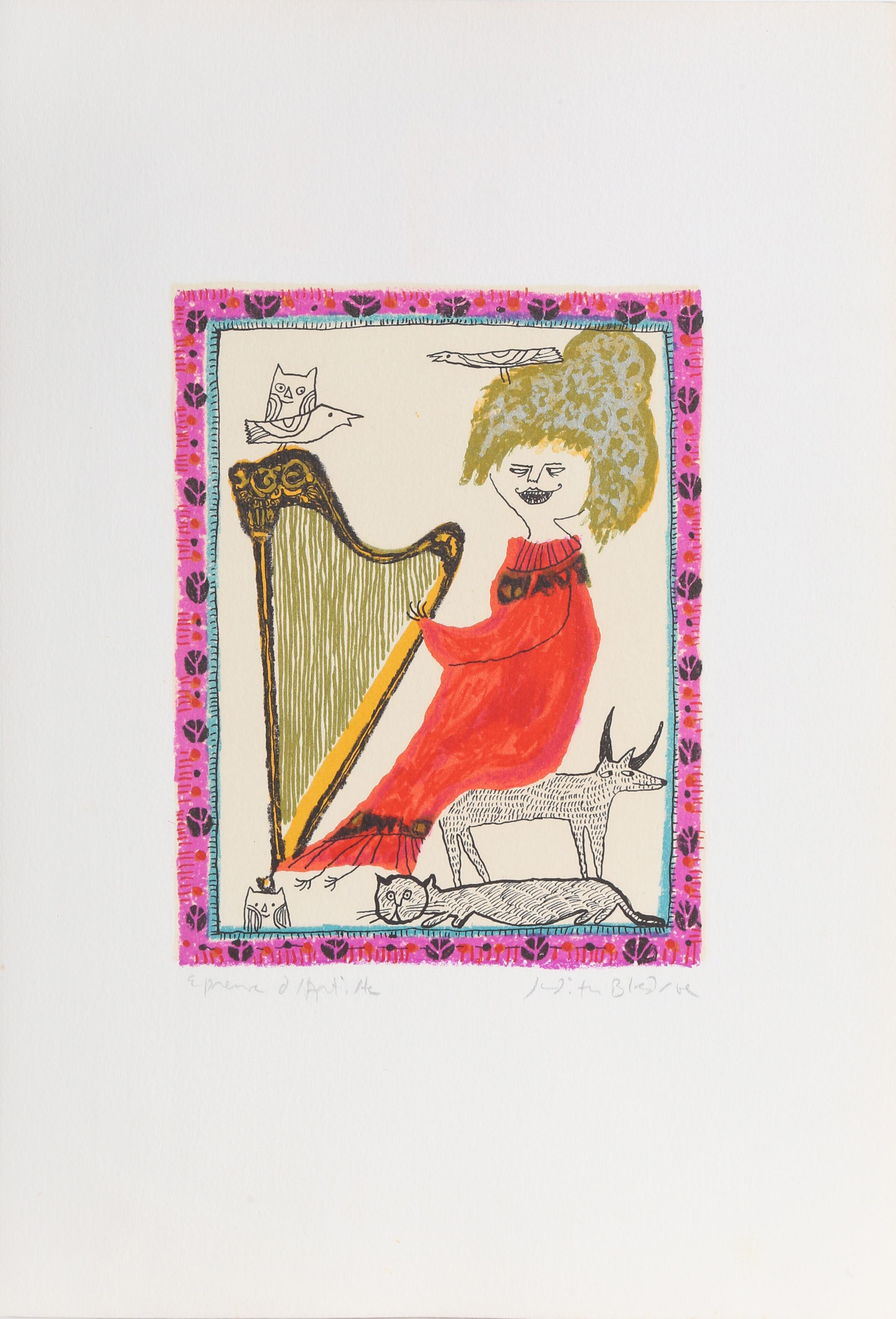 Judith Bledsoe, American (1938 - 2013) -  Petite Portrait - Harpist. Year: circa 1974, Medium: Lithograph, signed and numbered in pencil, Edition: EA, Image Size: 8 x 6 inches, Size: 15  x 10.5 in. (38.1  x 26.67 cm), Description: Judith Bledsoe's