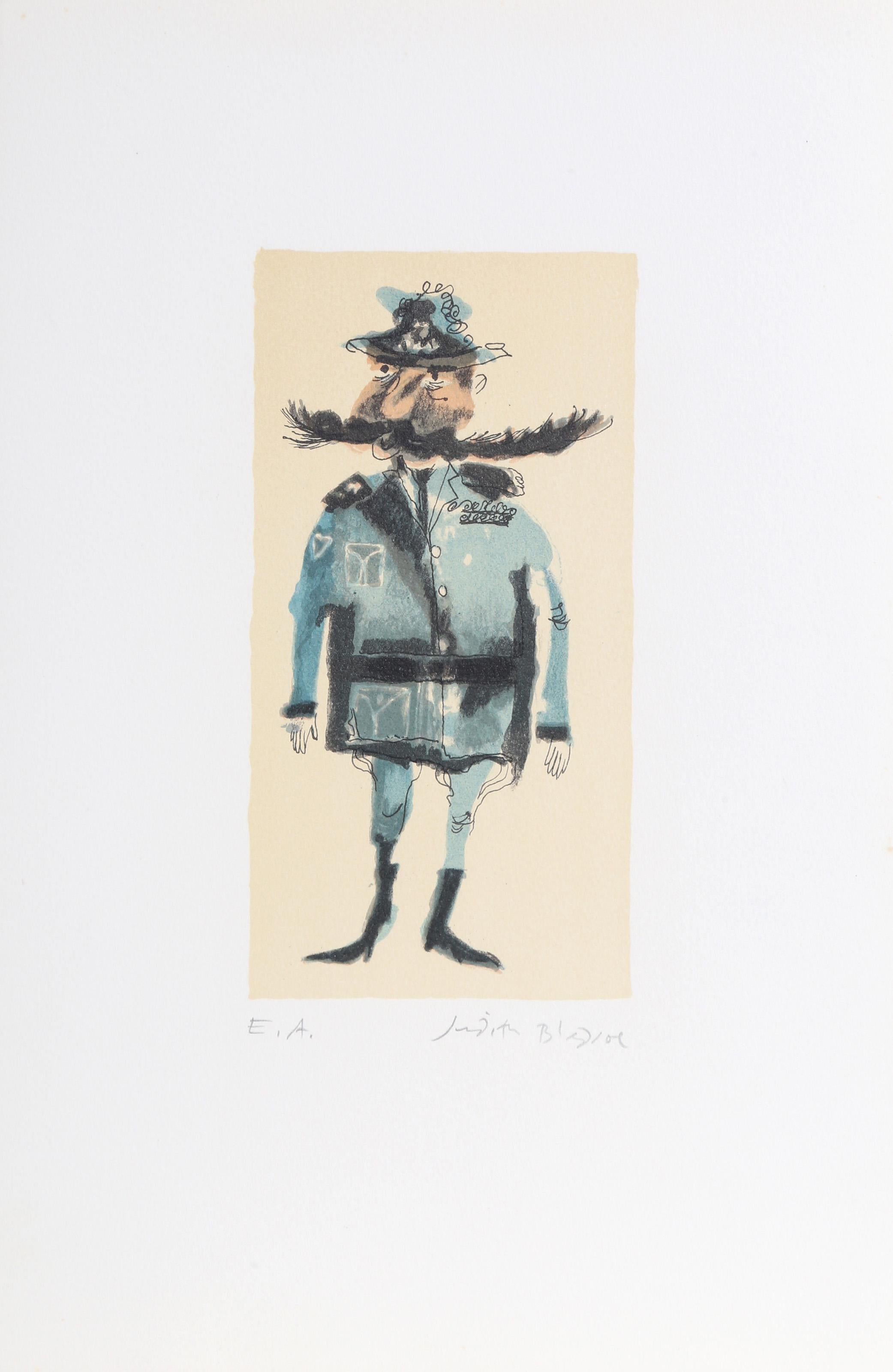 Judith Bledsoe, American (1938 - 2013) -  Petite Portrait - Policeman. Year: circa 1974, Medium: Lithograph, signed in pencil, Edition: EA, Image Size: 8 x 6 inches, Size: 15  x 10.5 in. (38.1  x 26.67 cm), Description: Donning knee-high black