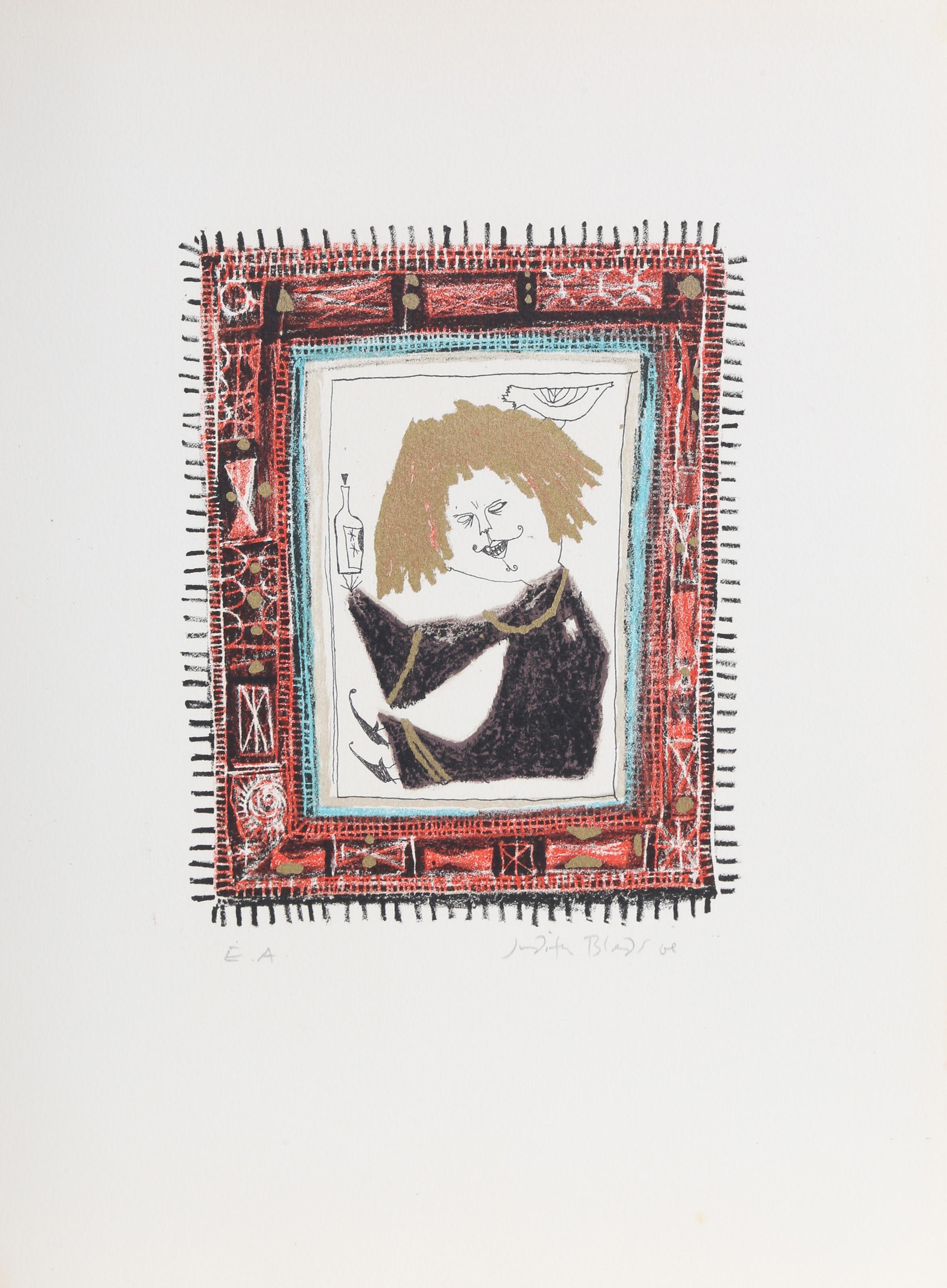 Judith Bledsoe, American (1938 - 2013) -  Petite Portrait - Witch. Year: circa 1974, Medium: Lithograph, signed and numbered in pencil, Edition: EA, Image Size: 8 x 6 inches, Size: 15  x 10.5 in. (38.1  x 26.67 cm), Description: Sitting with her