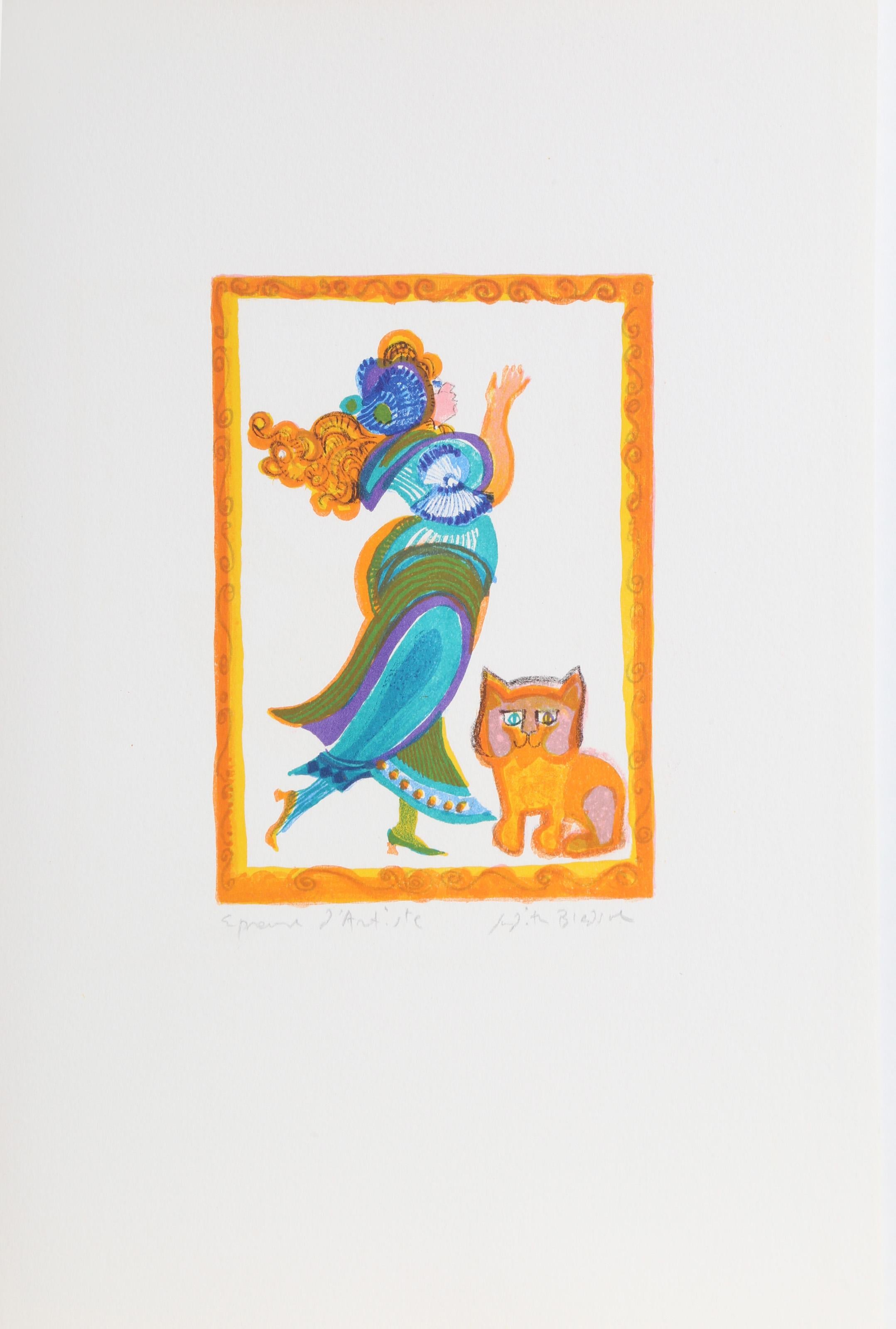 Judith Bledsoe, American (1938 - 2013) -  Petite Portrait - Woman in Gown with Cat. Year: circa 1974, Medium: Lithograph, signed in pencil, Edition: EA, Image Size: 8 x 6 inches, Size: 15  x 10.5 in. (38.1  x 26.67 cm), Description: Sashaying away
