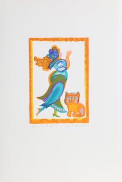 Petit portrait - Femme en robe avec chat, lithographie de Judith Bledsoe