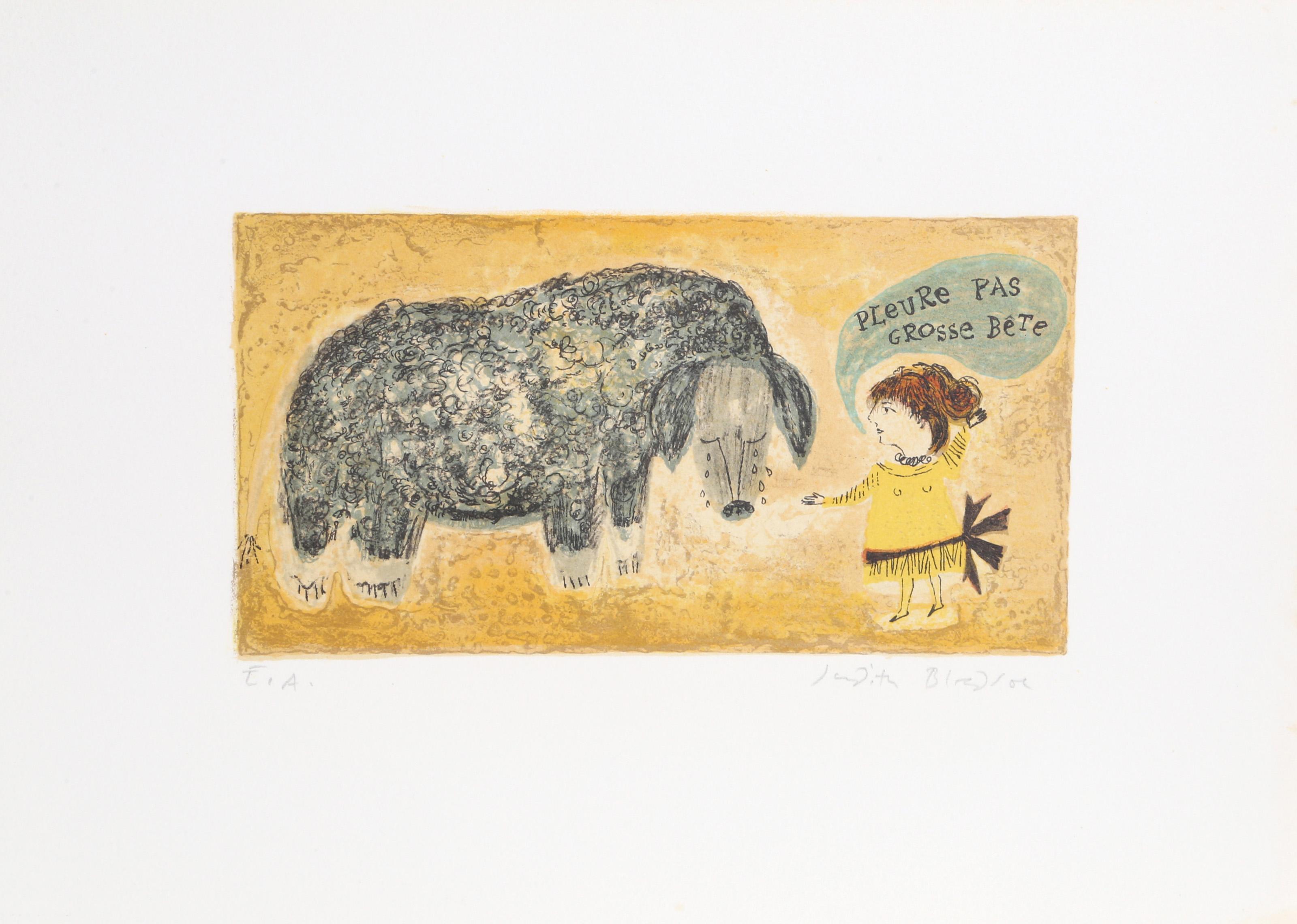 Judith Bledsoe, Americana (1938 - 2013) -  Pleure pas Grosse Bete - "Non piangere, grande bestia". Anno: circa 1974, Medium: Litografia, firmata a matita, Edizione: EA, Dimensioni immagine: 5 x 9 pollici, Dimensioni: 10.5  x 14 in. (26.67  x 35,56