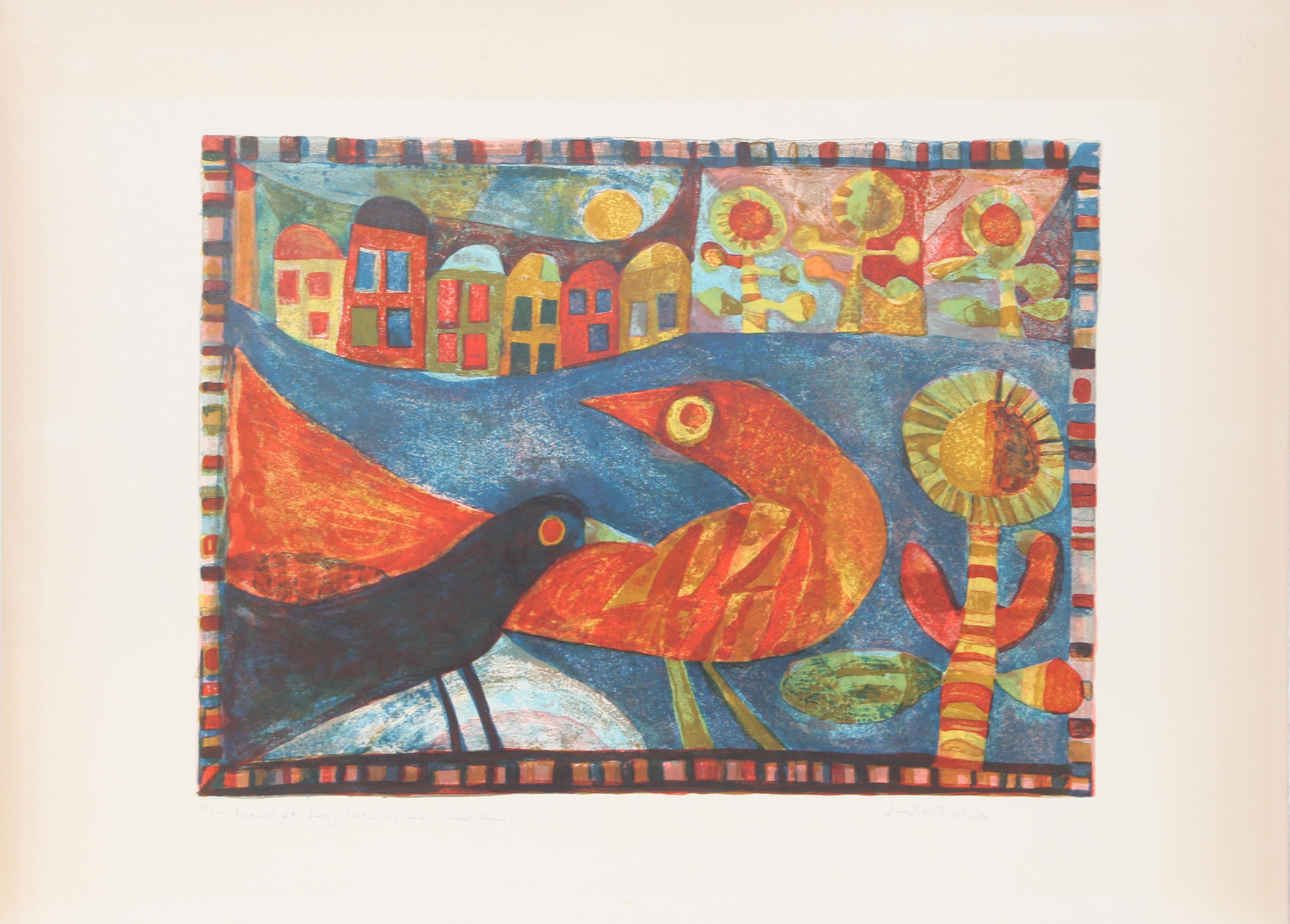 Judith Bledsoe, American (1938 - 2013) -  Red Bird and Crow. Year: circa 1970, Medium: Lithograph, signed and dedicated in pencil, Edition: EA, Image Size: 15 x 21 inches, Size: 22 x 30 in. (55.88 x 76.2 cm), Description: Curling its head backward