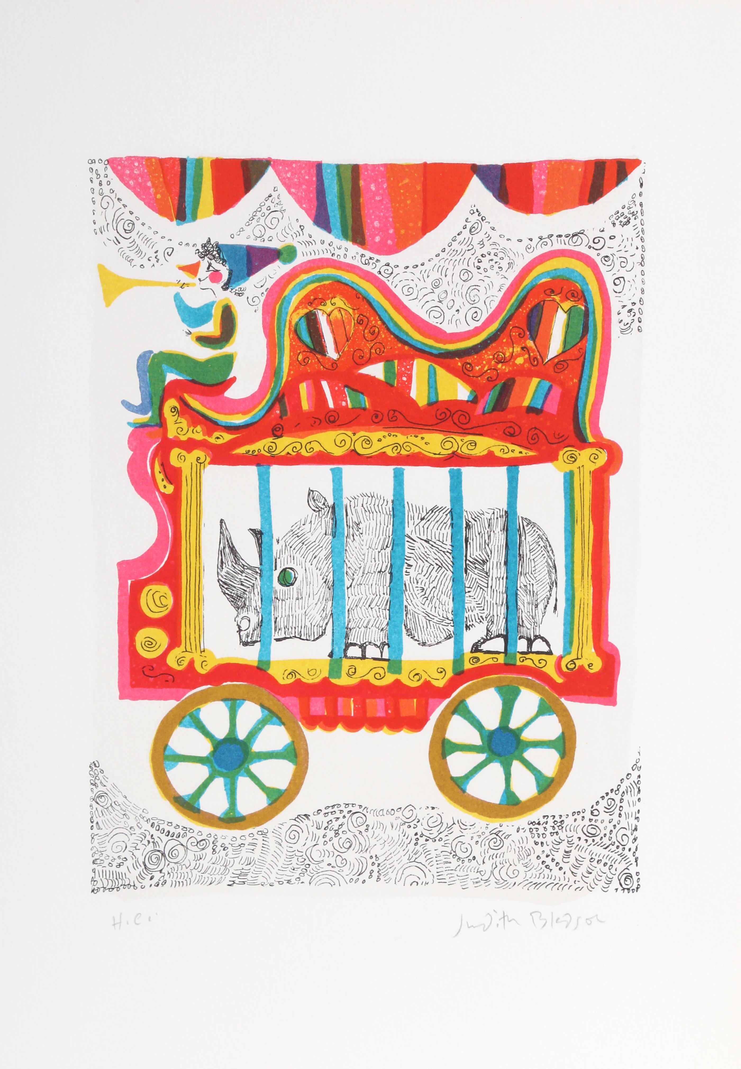 Judith Bledsoe, American (1938 - 2013) -  Rhino from A Little Circus. Year: 1974, Medium: Lithograph, signed in pencil, Edition: HC, Size: 15  x 10.5 in. (38.1  x 26.67 cm), Description: Standing in a rolling cage, the large-horned rhino held