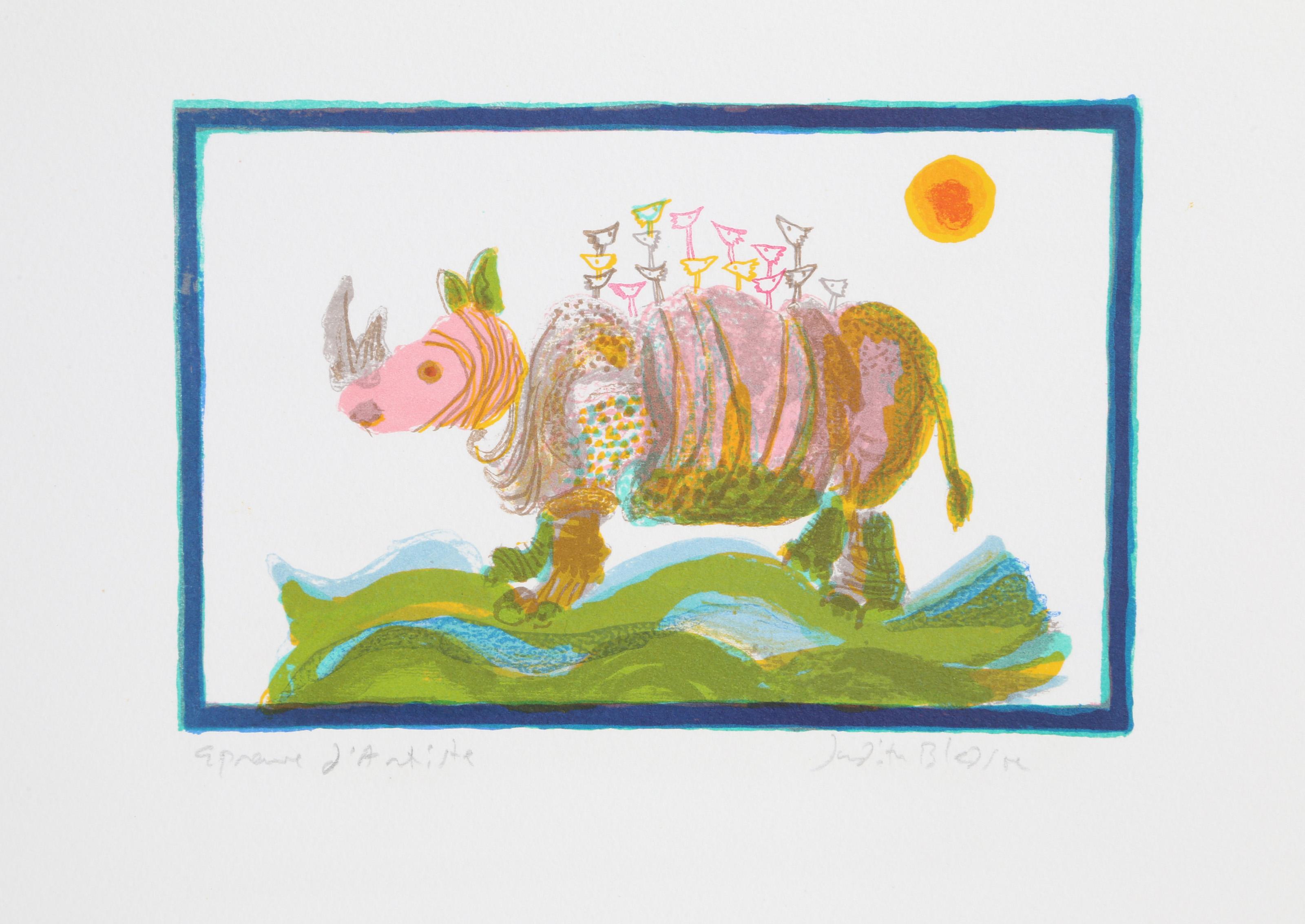Judith Bledsoe, American (1938 - 2013) -  Rhino. Year: circa 1974, Medium: Lithograph, signed in pencil, Edition: EA, Image Size: 6 x 8 inches, Size: 10.5  x 15 in. (26.67  x 38.1 cm), Description: Walking across the arid savanna landscape, a rhino