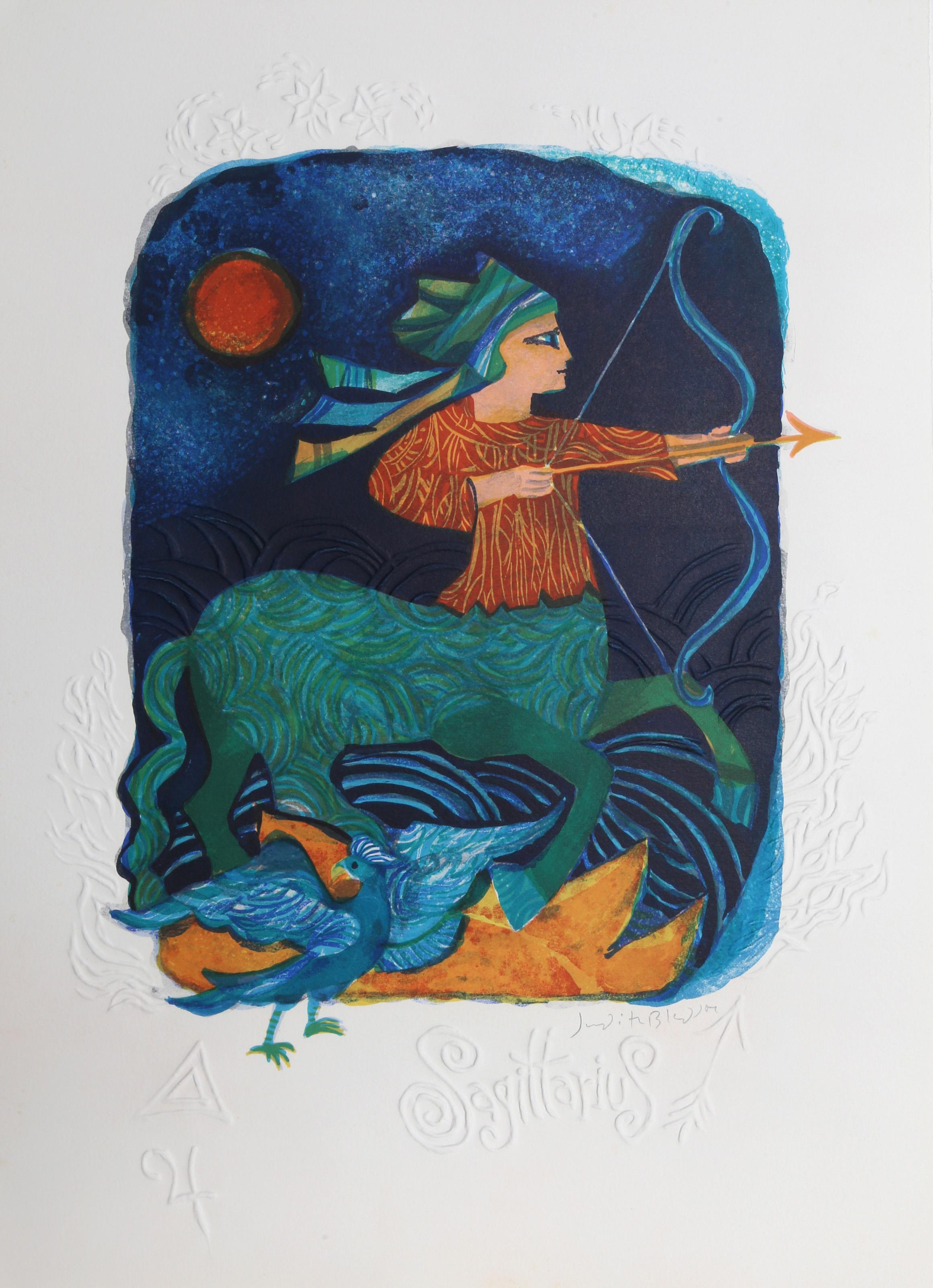 Judith Bledsoe, American (1938 - 2013) -  Sagittarius from the Zodiac of Dreams Series. Year: circa 1970, Medium: Lithograph with Embossing, signed in pencil, Edition: EA, Size: 21 x 14.5 in. (53.34 x 36.83 cm), Description: Preparing to shoot while