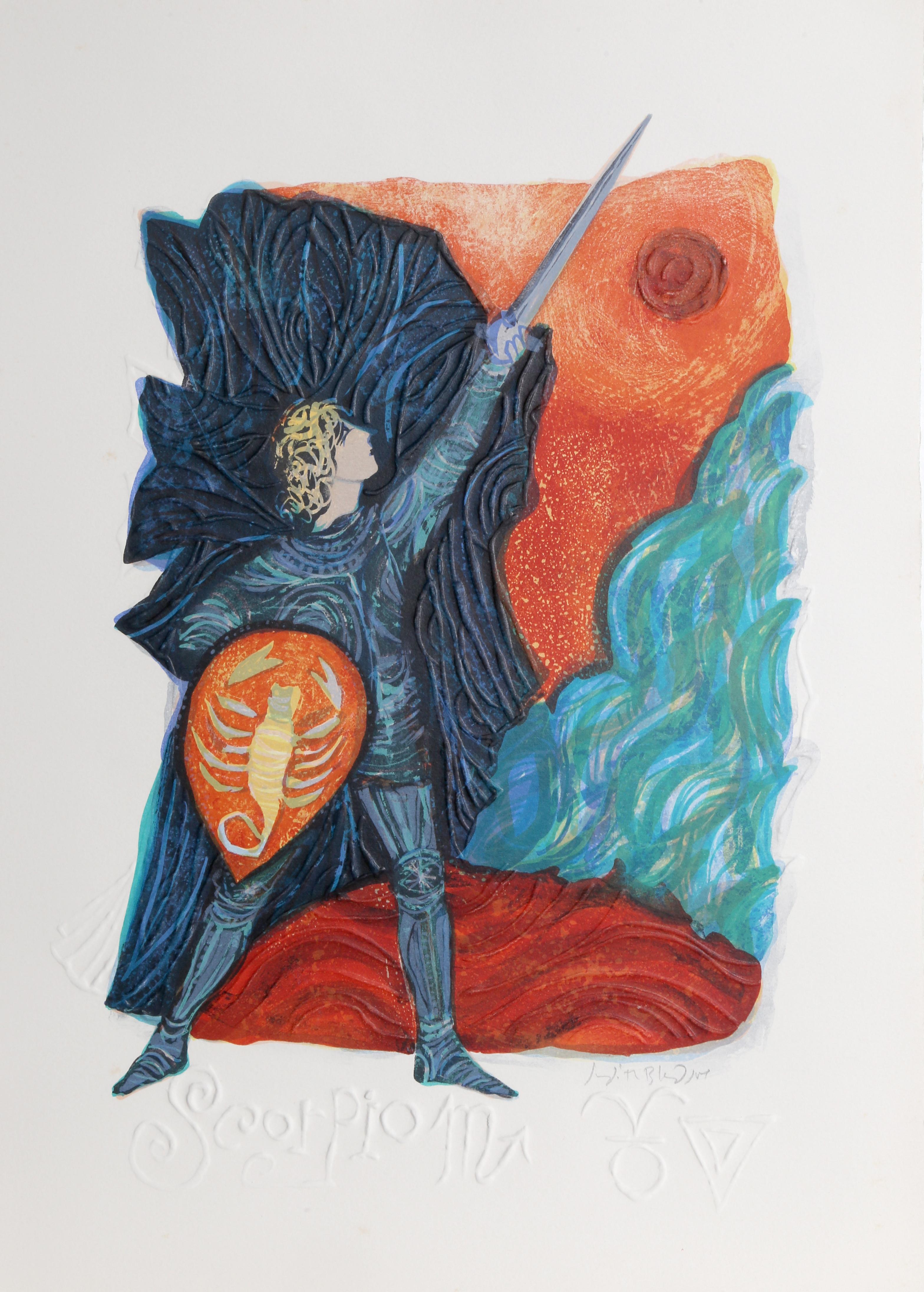Judith Bledsoe’s astrological series would not be complete without her colorful and inspiring depiction of Scorpio, featuring a knight holding a shield with the sign emblazoned on it and thrusting a sword to the sky.

Scorpio from the Zodiac of