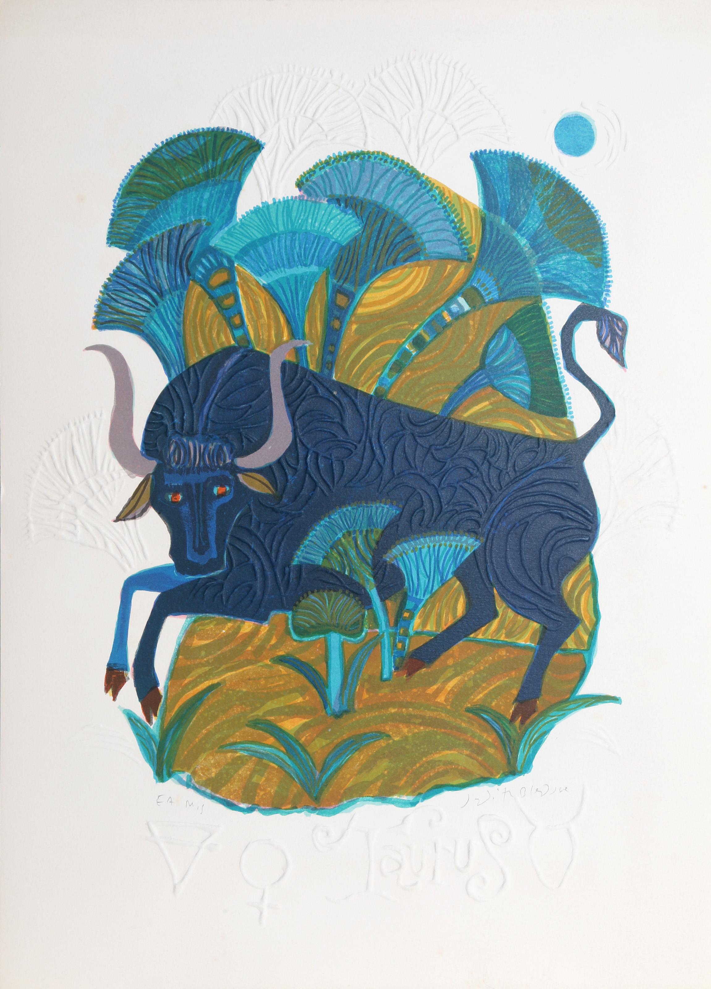 Judith Bledsoe, American (1938 - 2013) -  Taurus from the Zodiac of Dreams Series. Year: circa 1970, Medium: Lithograph with Embossing, signed in pencil, Edition: EA, Size: 21 x 14.5 in. (53.34 x 36.83 cm), Description: Surrounded by plants in