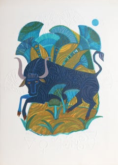 Vintage Taurus from the Zodiac of Dreams Series, Lithograph by Judith Bledsoe
