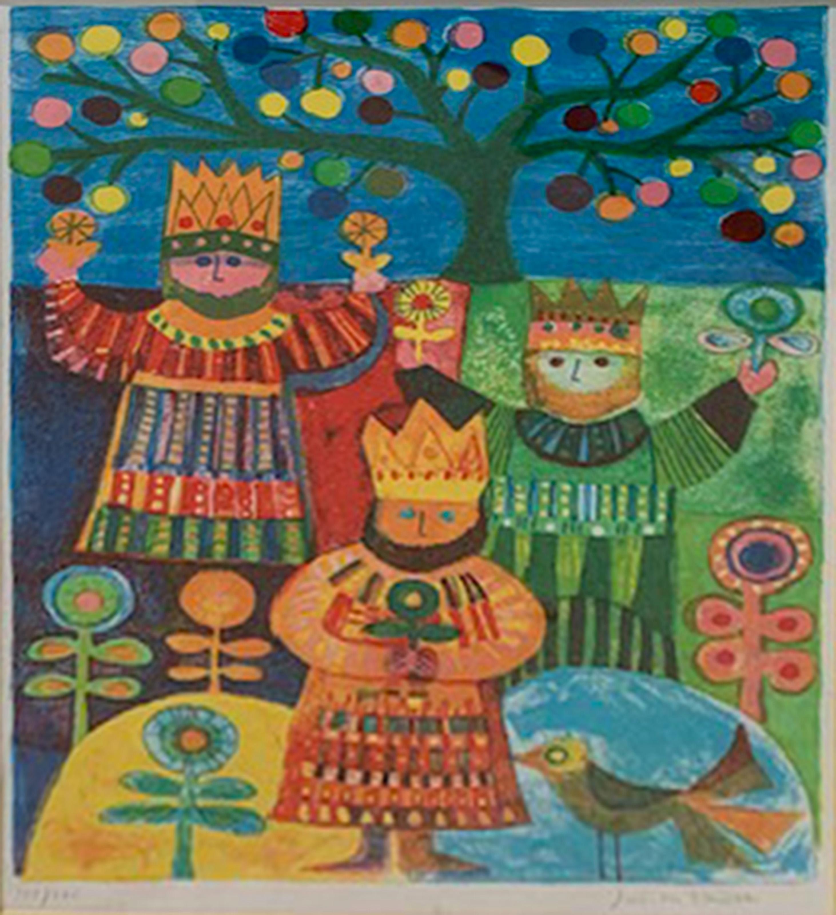 Three Kings, Framed Folk Art Lithograph by Judith Bledsoe For Sale 1