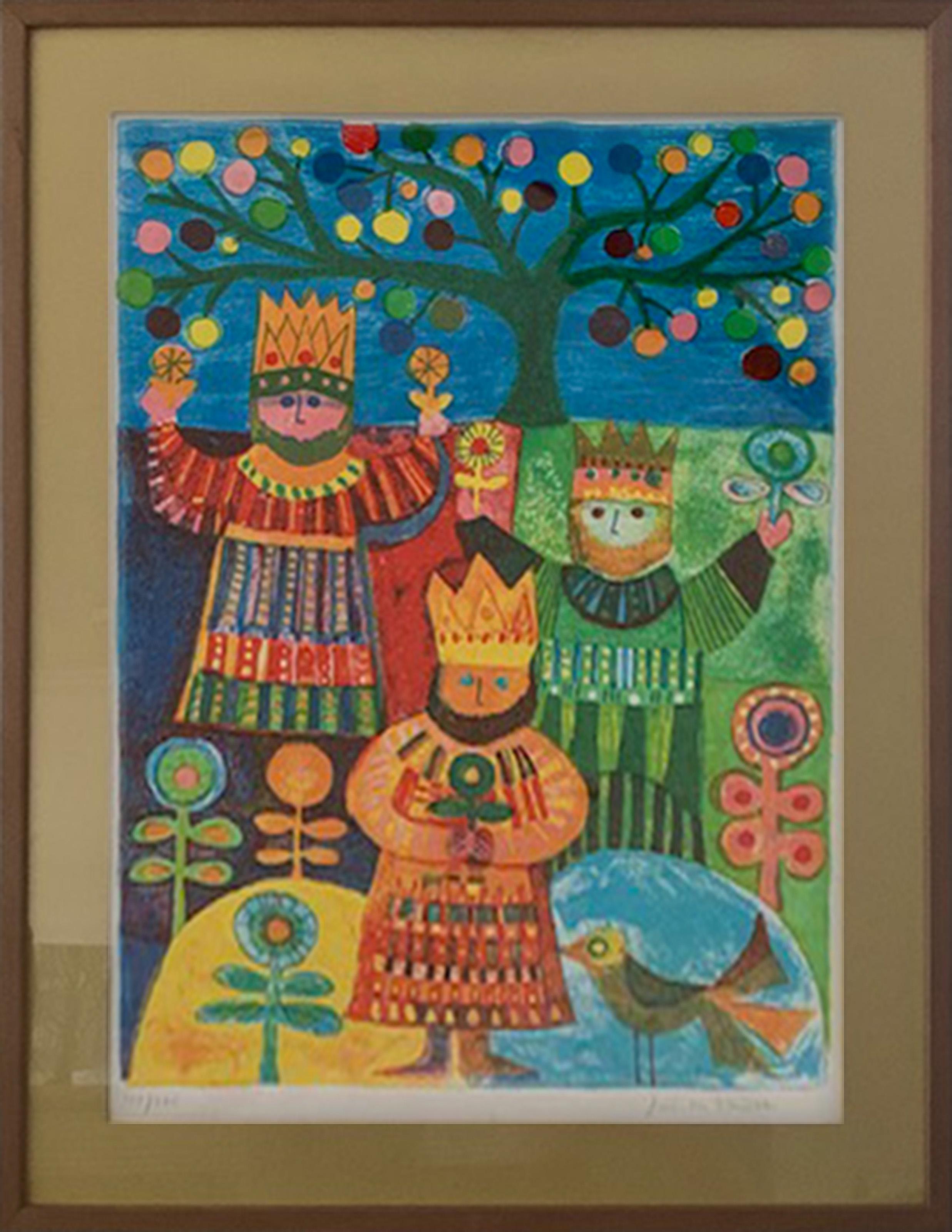 Judith Bledsoe, American (1938 - 2013) -  Three Kings. Year: 1970, Medium: Lithograph, signed and numbered in pencil, Edition: 154/375, Size: 20.5 x 16 in. (52.07 x 40.64 cm), Frame Size: 26.75 x 20.75 inches, Description: A charming multicolor