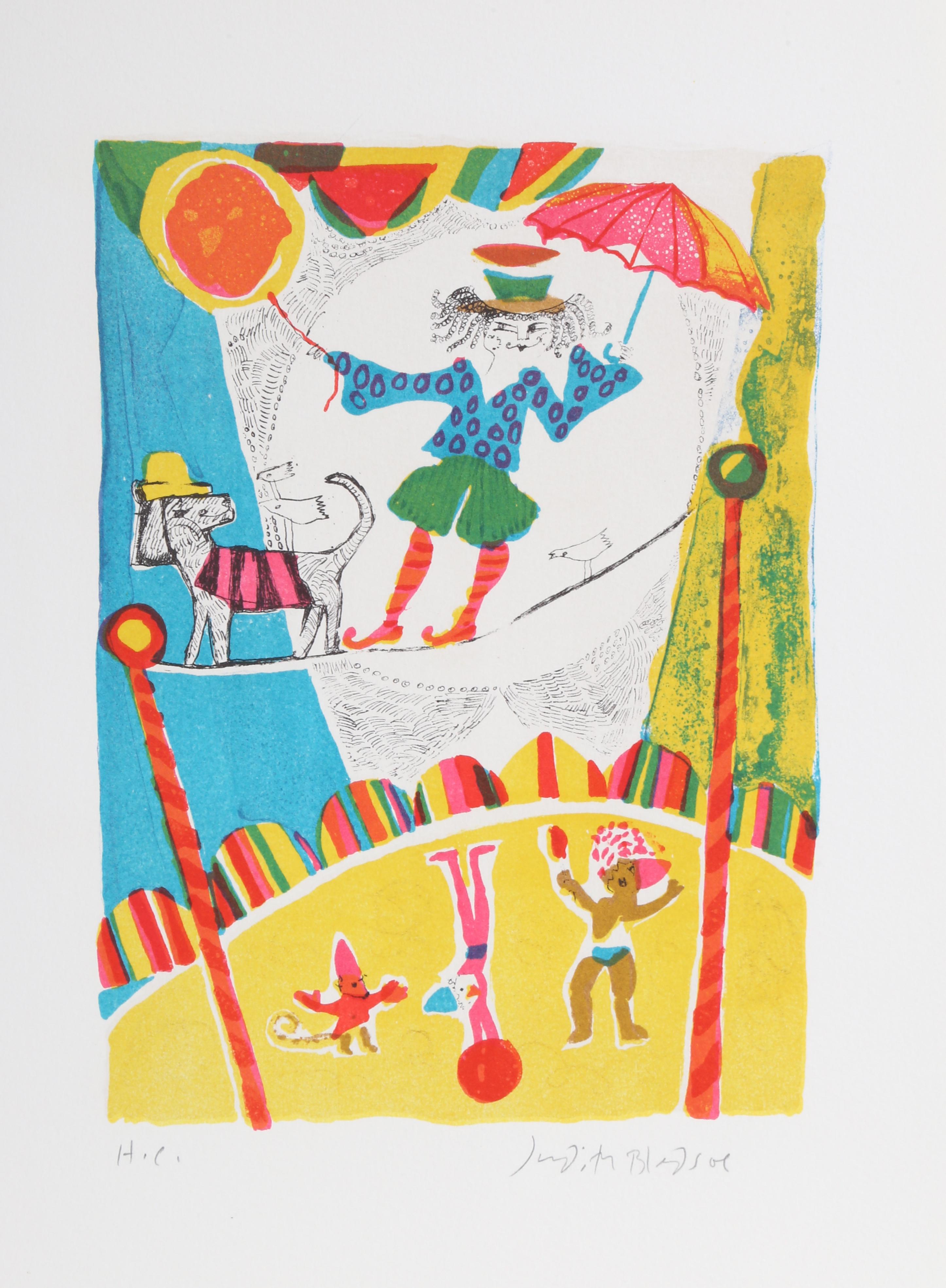 Judith Bledsoe, American (1938 - 2013) -  Tightrope Act from A Little Circus. Year: 1974, Medium: Lithograph, signed in pencil, Edition: HC, Size: 15  x 10.5 in. (38.1  x 26.67 cm), Description: Walking across the tightrope, the walker holds an