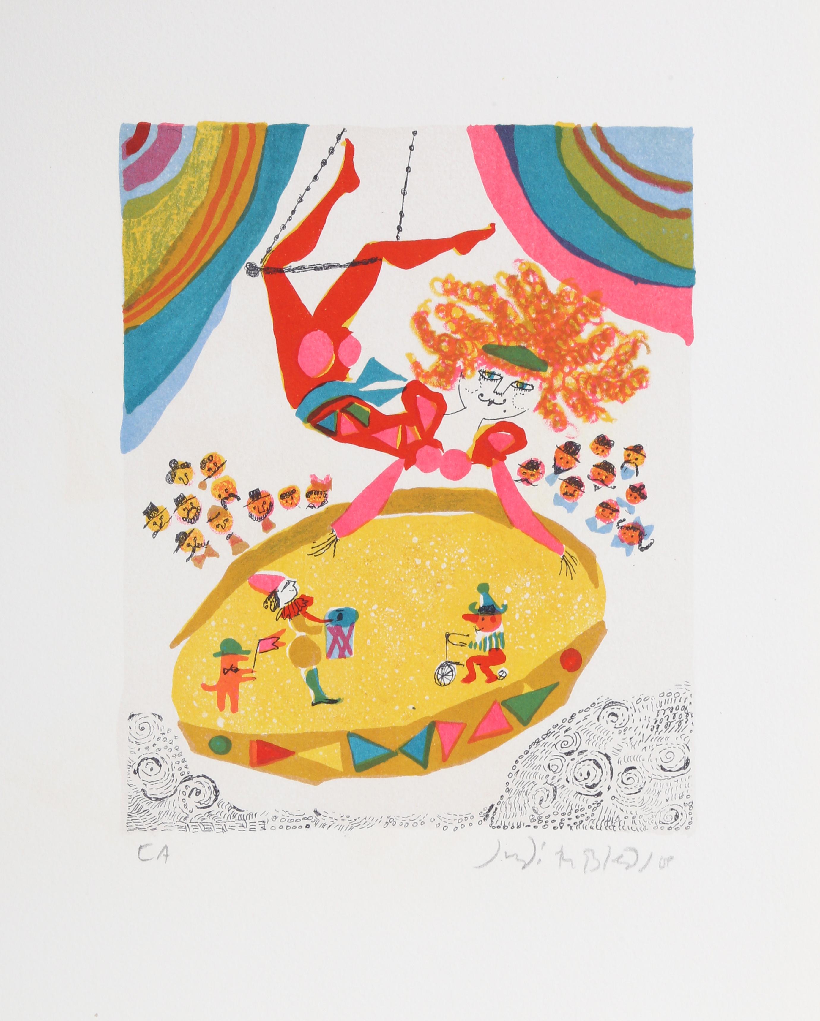 Judith Bledsoe, Americana (1938 - 2013) -  Trapezista di A Little Circus. Anno: 1974, Medium: Litografia, firmata a matita, Edizione: HC, Dimensioni: 15  x 10,5" (38,1  x 26,67 cm), Descrizione: Appesa per le gambe, la trapezista di questa stampa di