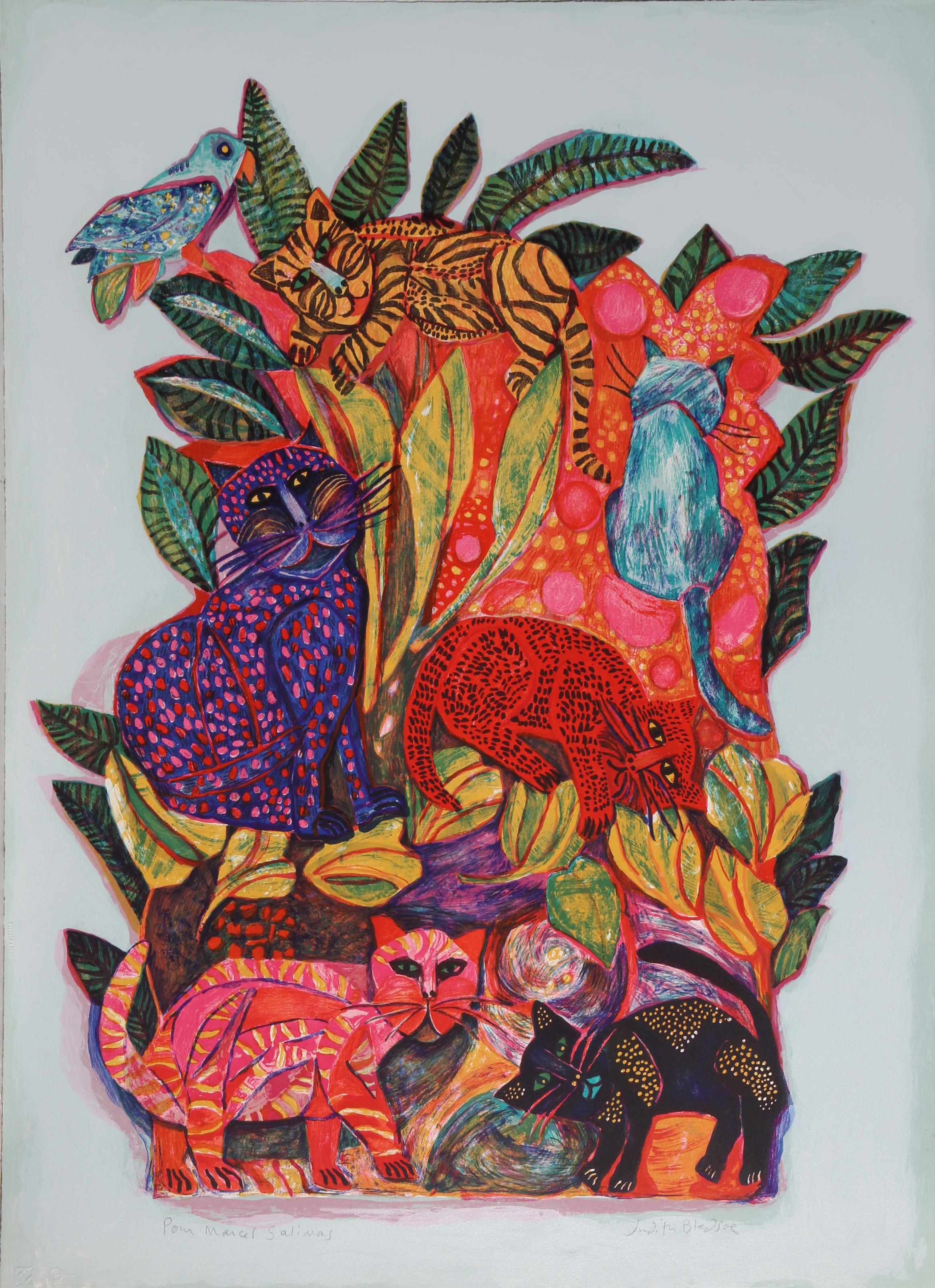 Judith Bledsoe, American (1938 - 2013) -  Tropical Cats. Year: circa 1975, Medium: Lithograph, signed and dedicated in pencil, Size: 35 x 25.5 in. (88.9 x 64.77 cm), Description: This colorful rendering of cats by Judith Bledsoe reflects the
