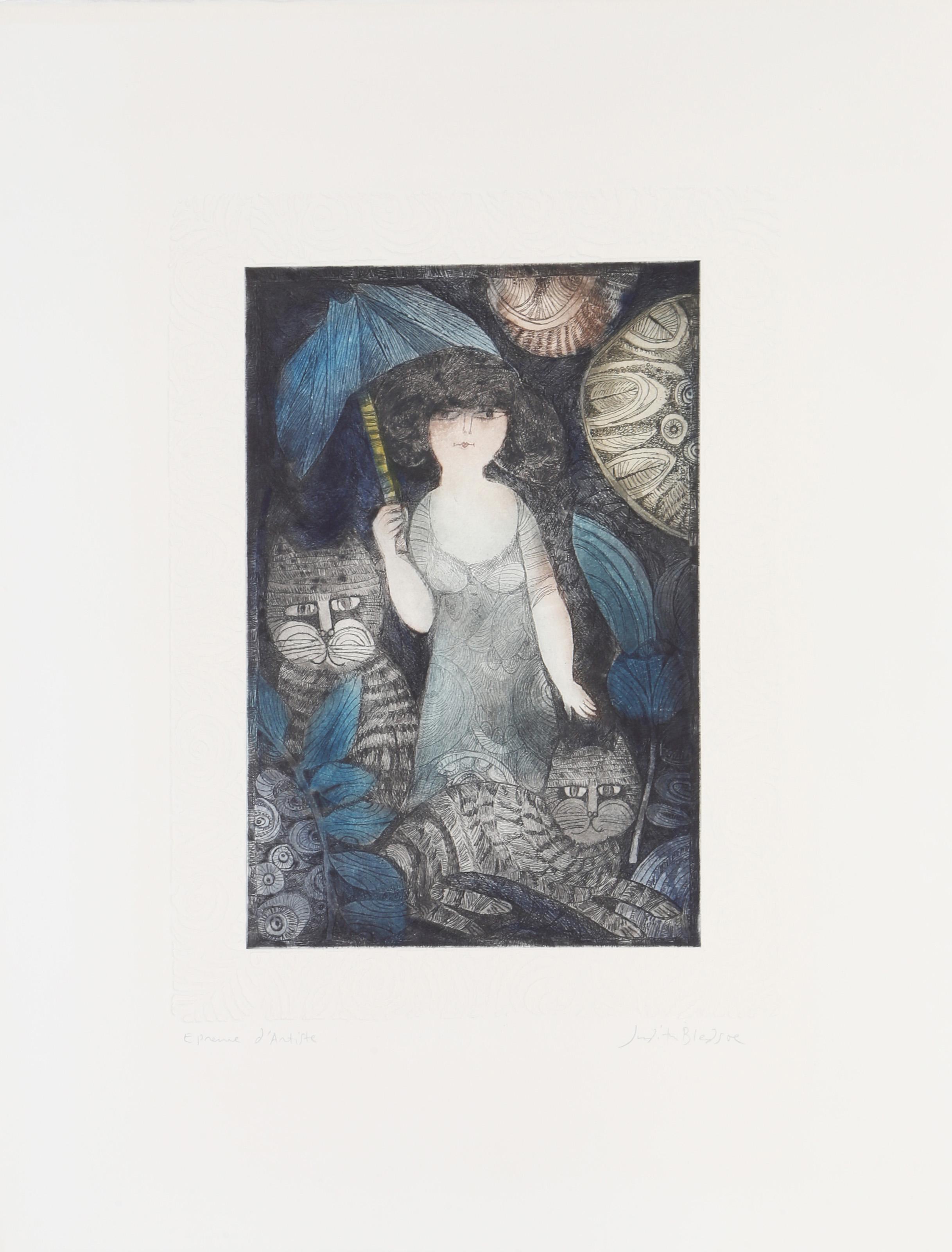 Judith Bledsoe, Americana (1938 - 2013) -  Ombrello. Anno: circa 1970, Medium: Litografia con rilievo, firmata e dedicata a matita, Edizione: EA, Dimensioni immagine: 14 x 9,5 pollici, Dimensioni: 26 x 20 pollici (66,04 x 50,8 cm), Descrizione: La