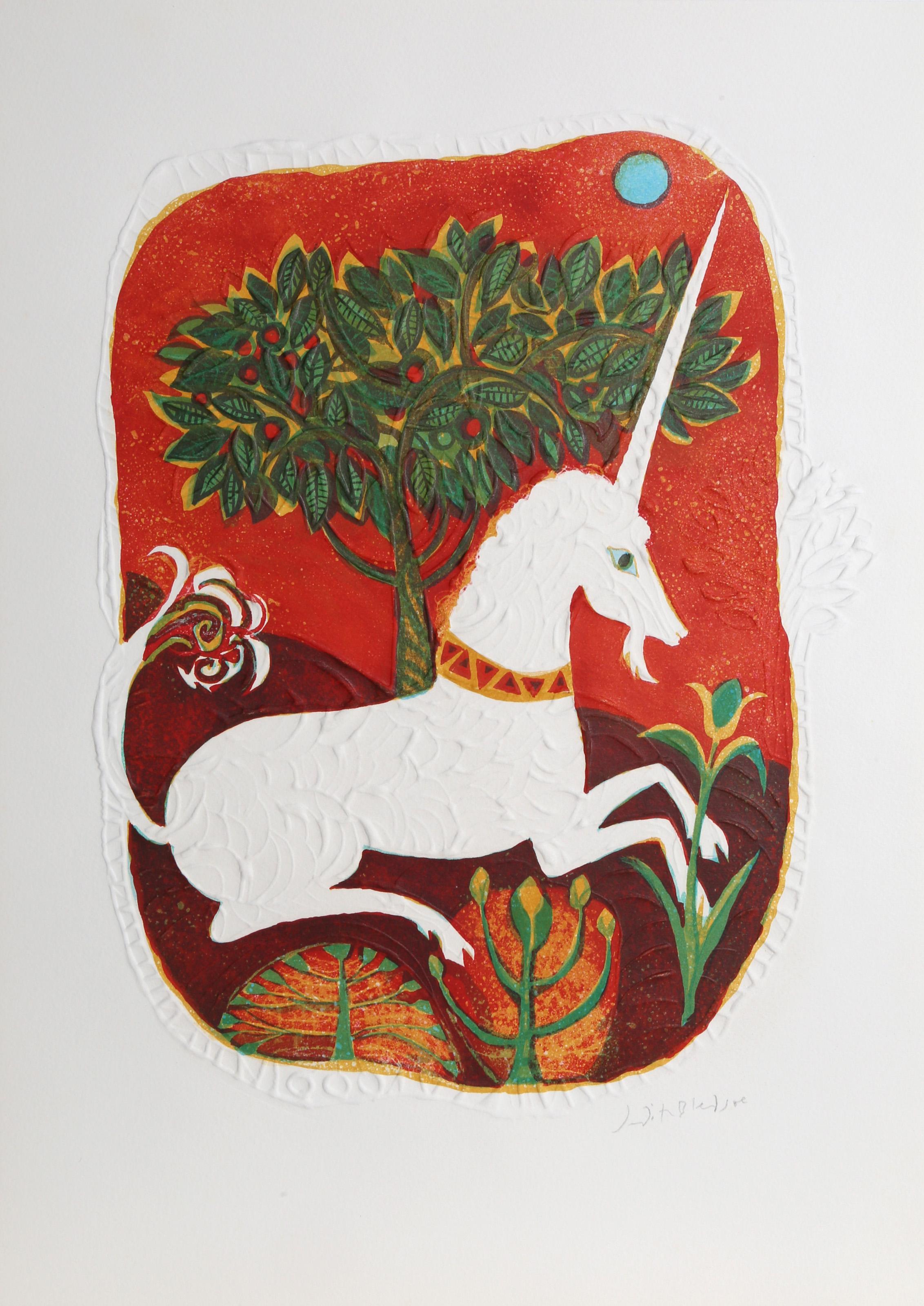 Judith Bledsoe, American (1938 - 2013) -  Unicorn Tapestry. Year: circa 1970, Medium: Lithograph with Embossing, signed in pencil, Edition: EA, Size: 21 x 14.5 in. (53.34 x 36.83 cm), Description: Judith Bledsoe's sweet rendering of an all-white