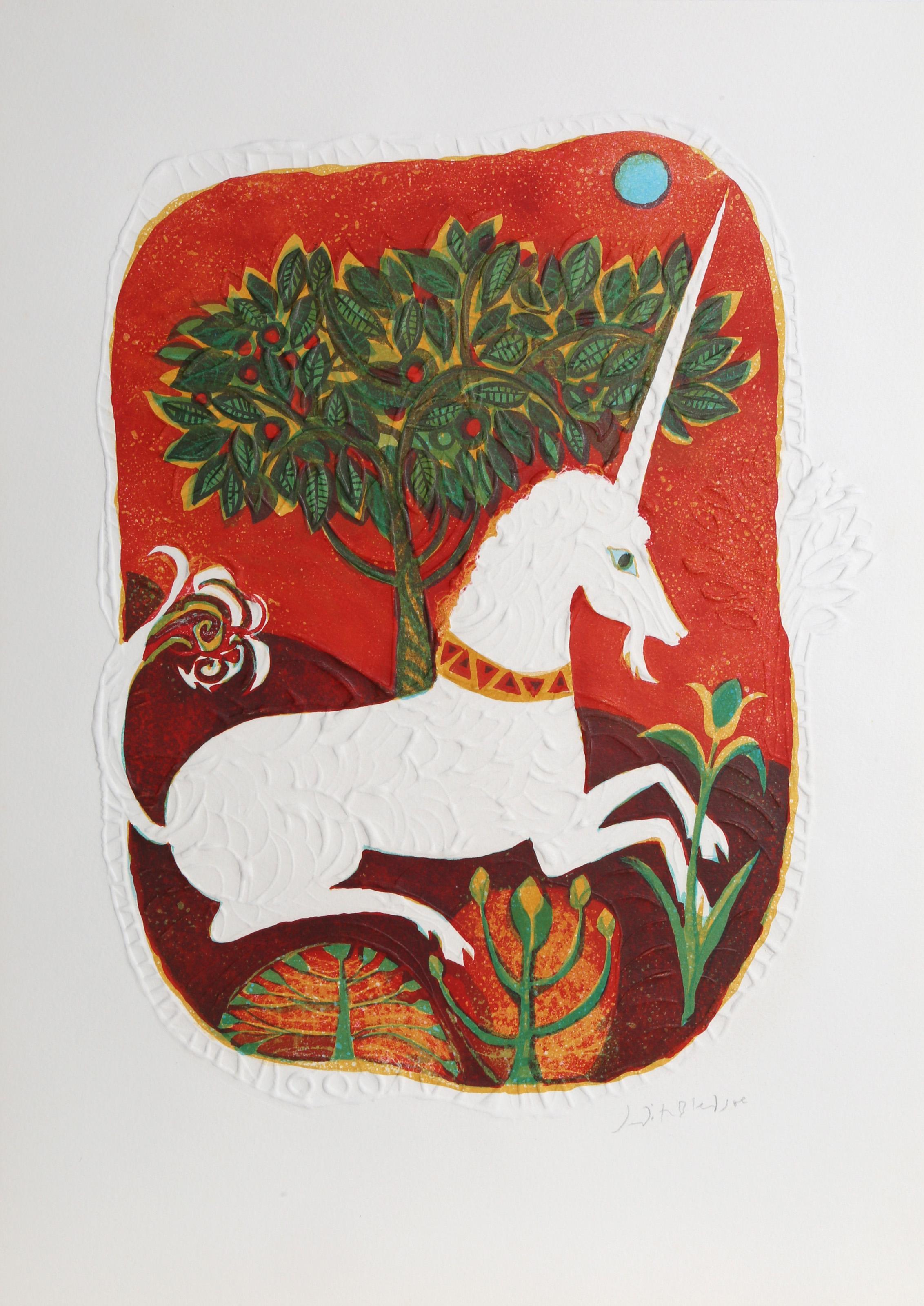 Judith Bledsoe, Americana (1938 - 2013) -  Arazzo Unicorno. Anno: circa 1970, Medium: Litografia con rilievo, firmata a matita, Edizione: EA, Dimensioni: 21 x 14,5 pollici (53,34 x 36,83 cm), Descrizione: La dolce rappresentazione di Judith Bledsoe