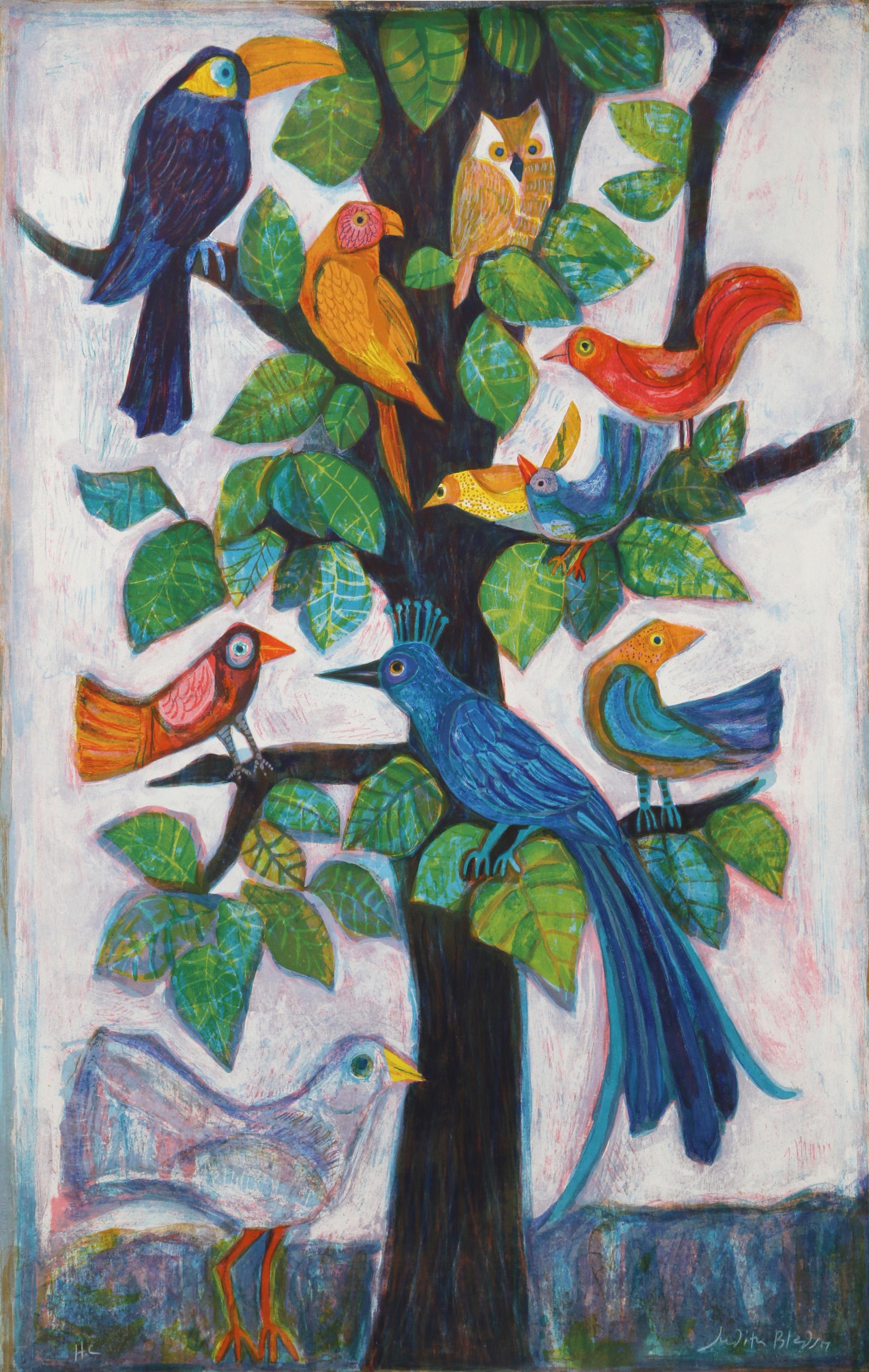 Judith Bledsoe, American (1938 - 2013) -  Various Birds in Tree. Year: circa 1980, Medium: Lithograph, signed in pencil, Edition: HC, Size: 34.5  x 22.5 in. (87.63  x 57.15 cm), Description: Perched throughout the tree, Judith Bledsoe's birds