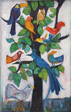 Divers oiseaux dans un arbre, lithographie de Judith Bledsoe