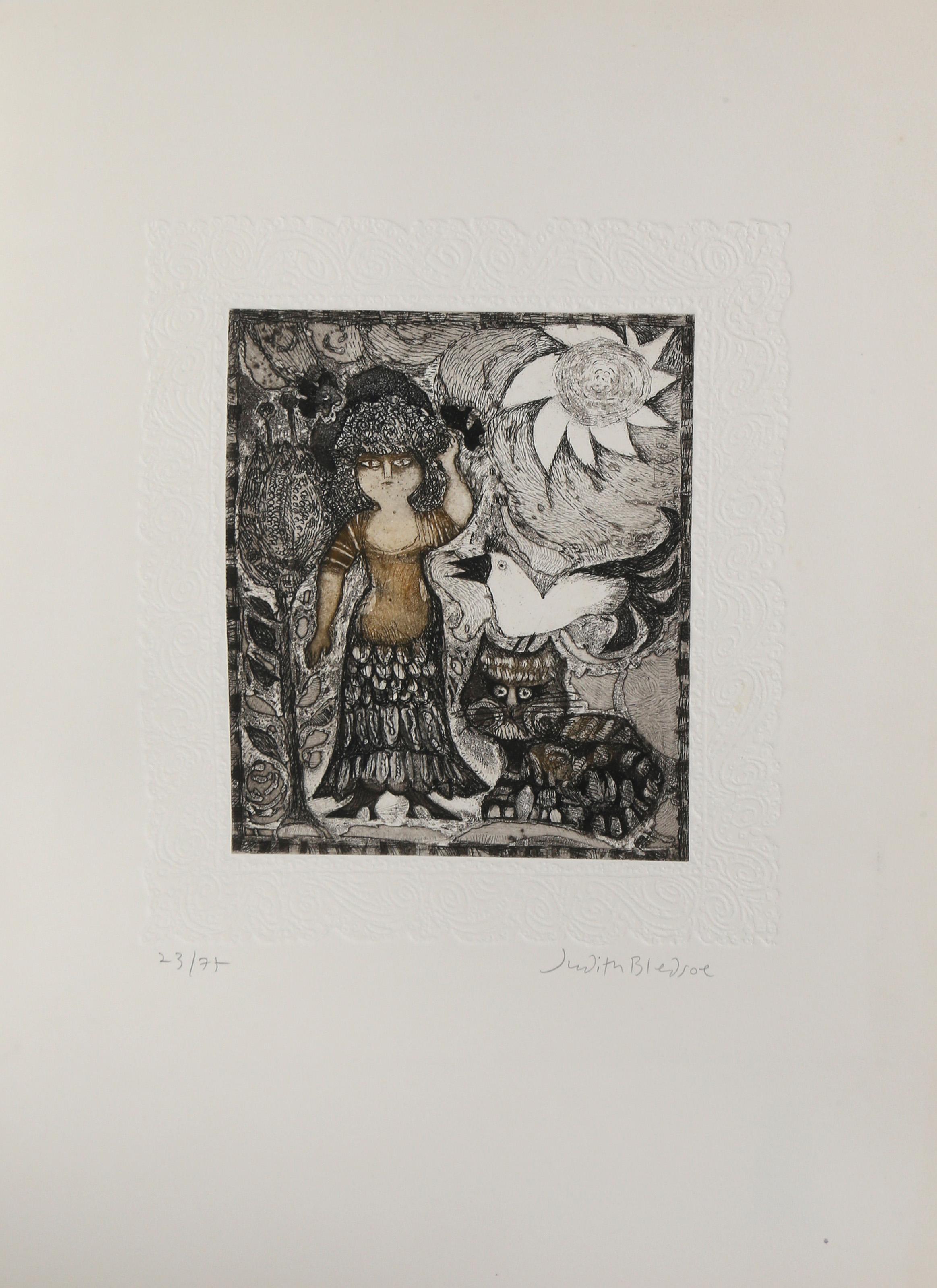 Judith Bledsoe, American (1938 - 2013) -  Windy Day with Cat and Bird. Year: circa 1980, Medium: Lithograph with Blind Embossing, signed and numbered in pencil, Edition: 23/75, Image Size: 9.5 x 8 inches, Size: 22 x 17 in. (55.88 x 43.18 cm),