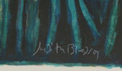 Woman with Umbrella and Cat, Folk Art Lithograph by Judith Bledsoe