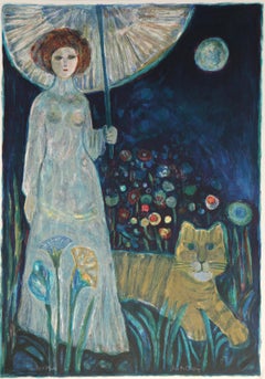 Retro Woman with Umbrella and Cat, Lithograph by Judith Bledsoe
