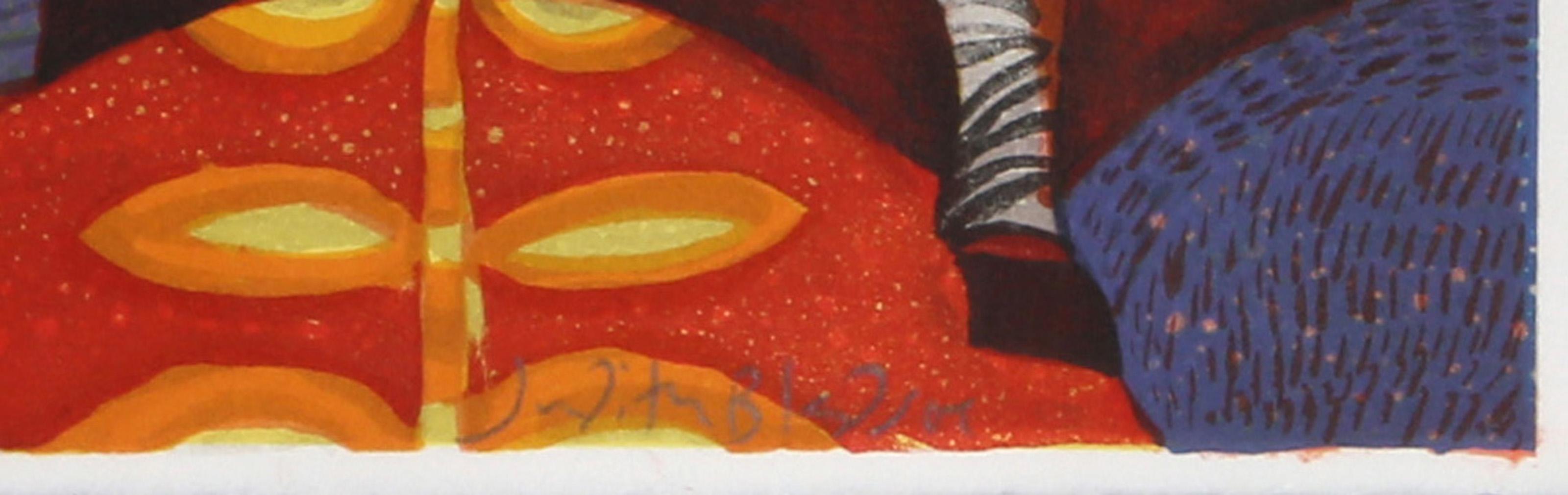 Zebras, litografia folkloristica e stampa a rilievo di Judith Bledsoe in vendita 2