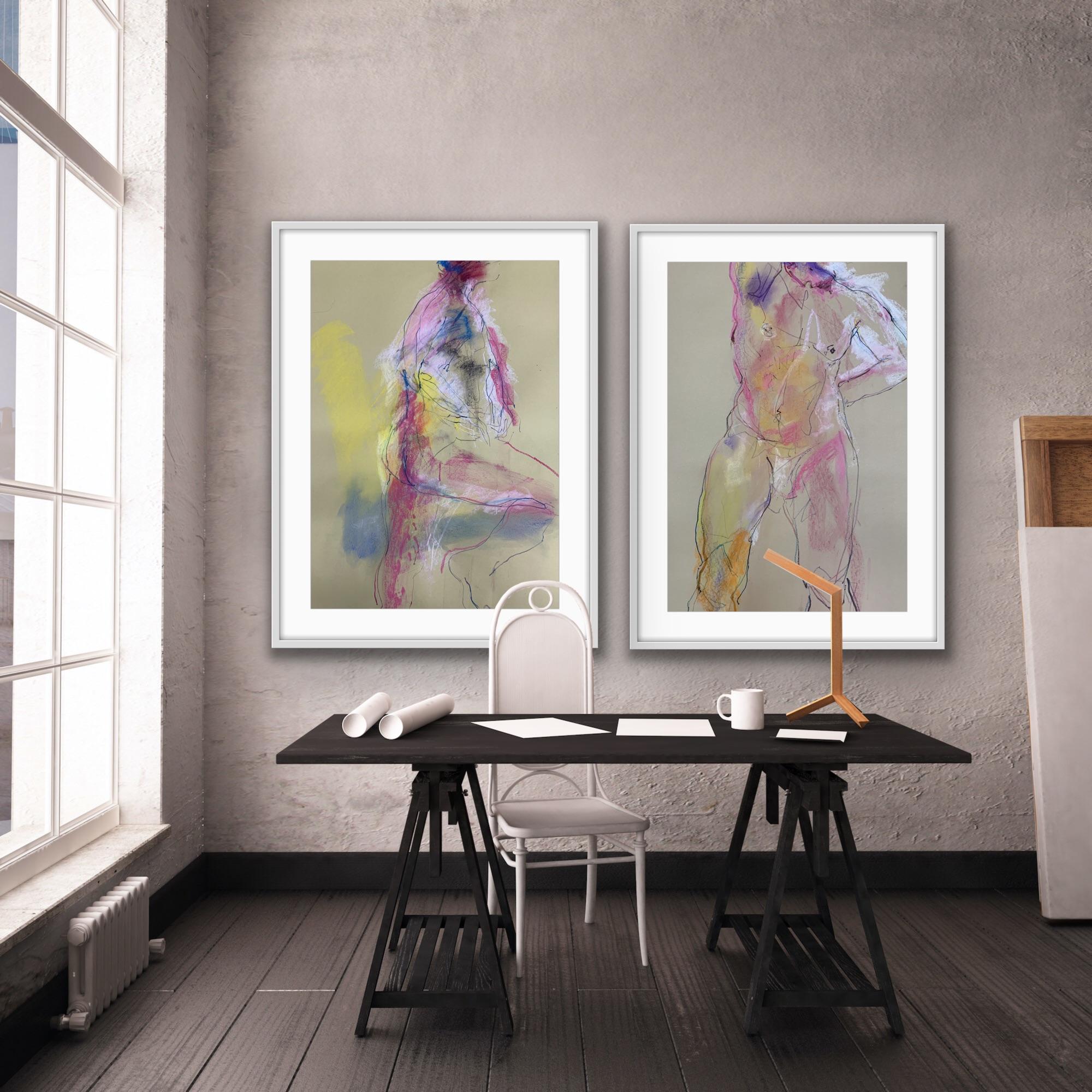 Alberto Standing 2 and 3  - Gray Nude Painting by Judith Brenner
