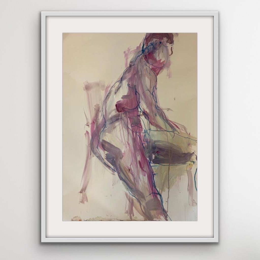 Rich Seated 3 is a contemporary nude painting by Judith Brenner. This is an original drawing from life on paper using acrylic, pan pastel , ink and watercolour pencil. The idea is to capture the essence of the pose using line and wash. The figure is