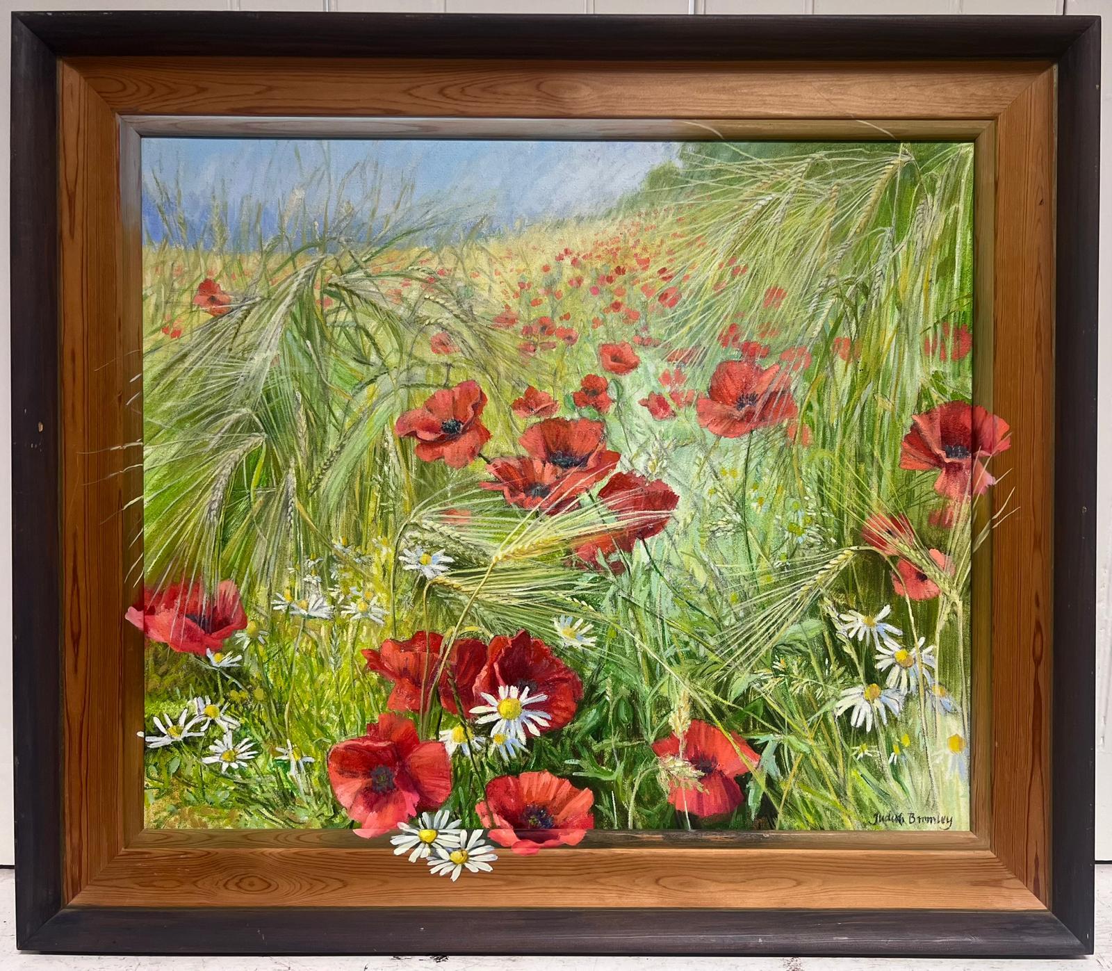 Pittura a olio contemporanea britannica Campo di papaveri Prato di fiori selvatici grande tela - Painting di Judith Bromley