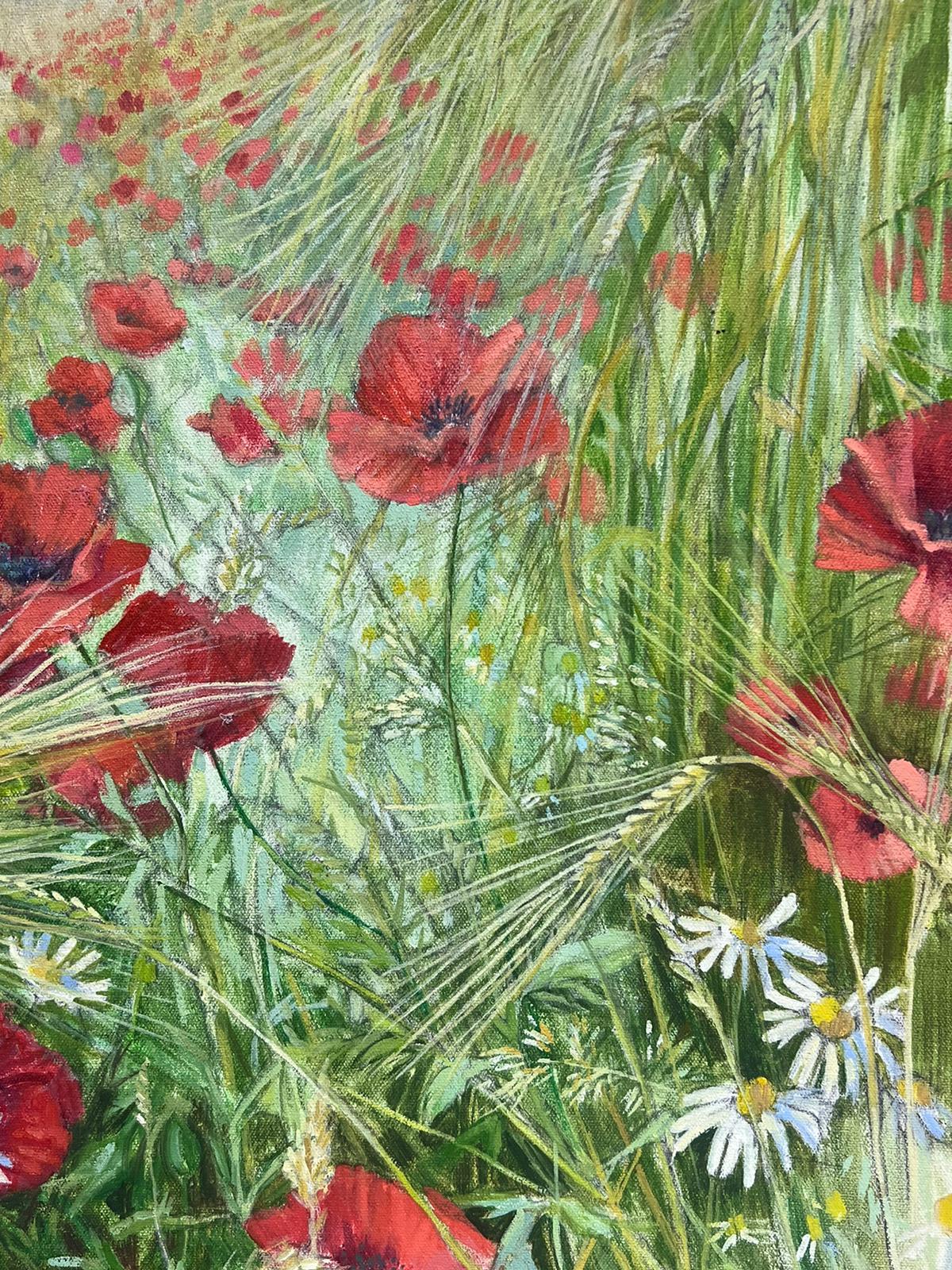 Pittura a olio contemporanea britannica Campo di papaveri Prato di fiori selvatici grande tela - Painting Moderno di Judith Bromley