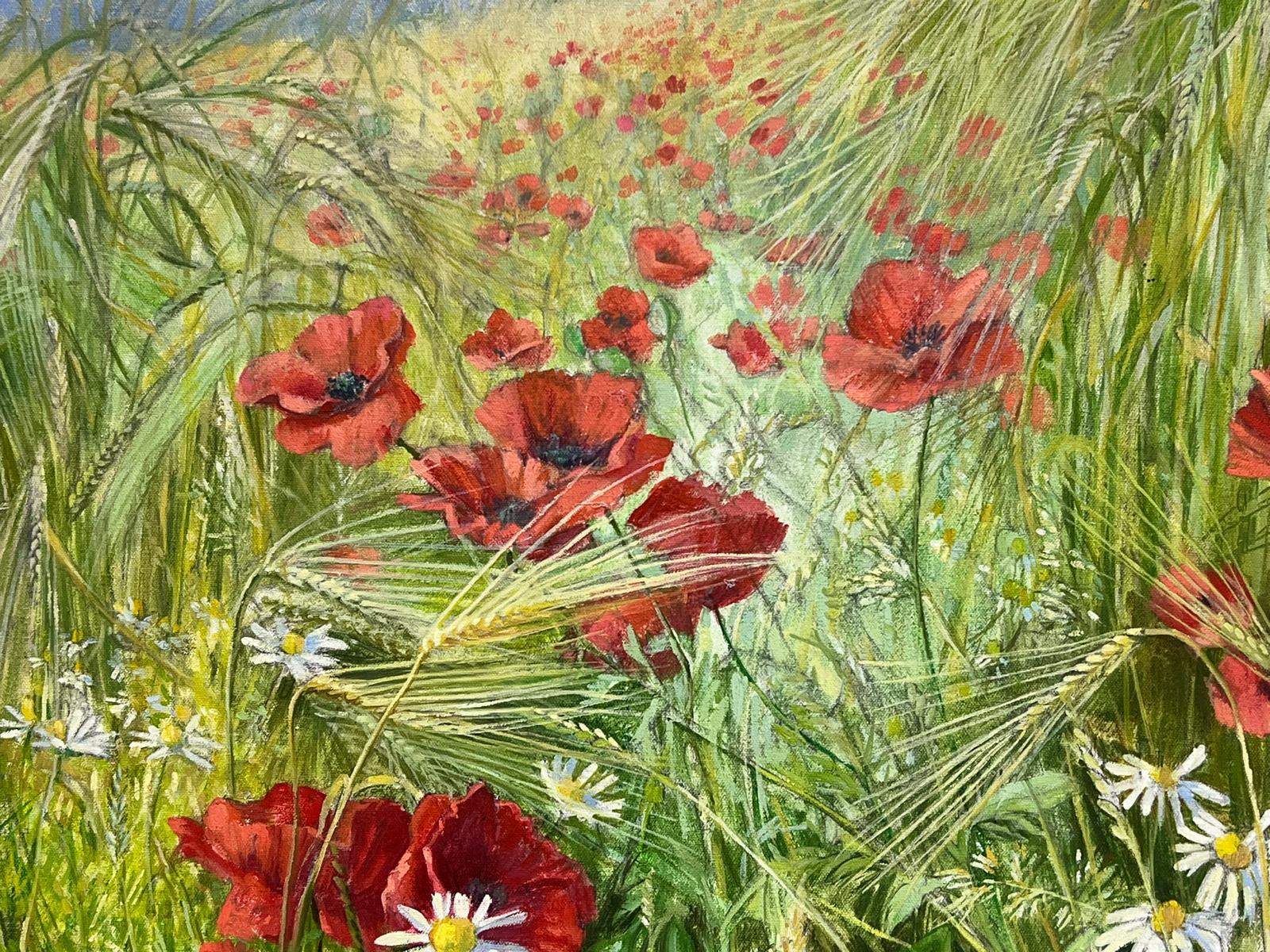 Pittura a olio contemporanea britannica Campo di papaveri Prato di fiori selvatici grande tela 3